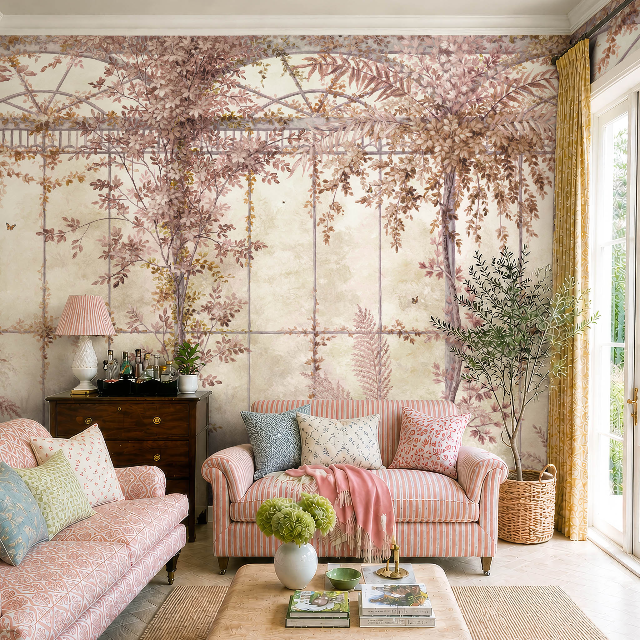 A cropped view of a living room featuring a panoramic pearlescent wallpaper mural of saffron toned mural with climbing foliage and vintage glass.