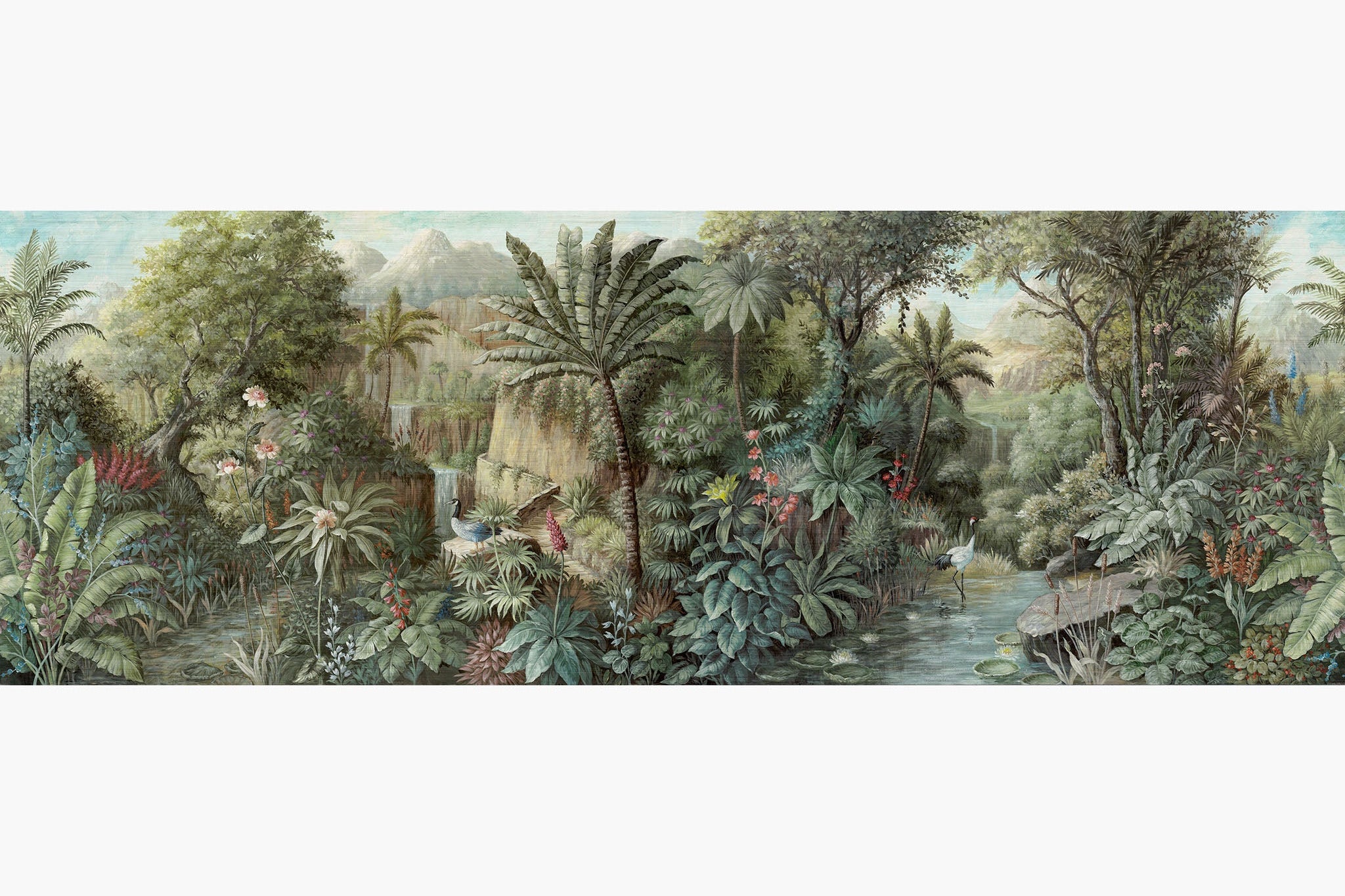 Artwork of a panoramic wallpaper mural featuring a lush tropical landscape in vibrant greens, soft pinks, and sky blues.