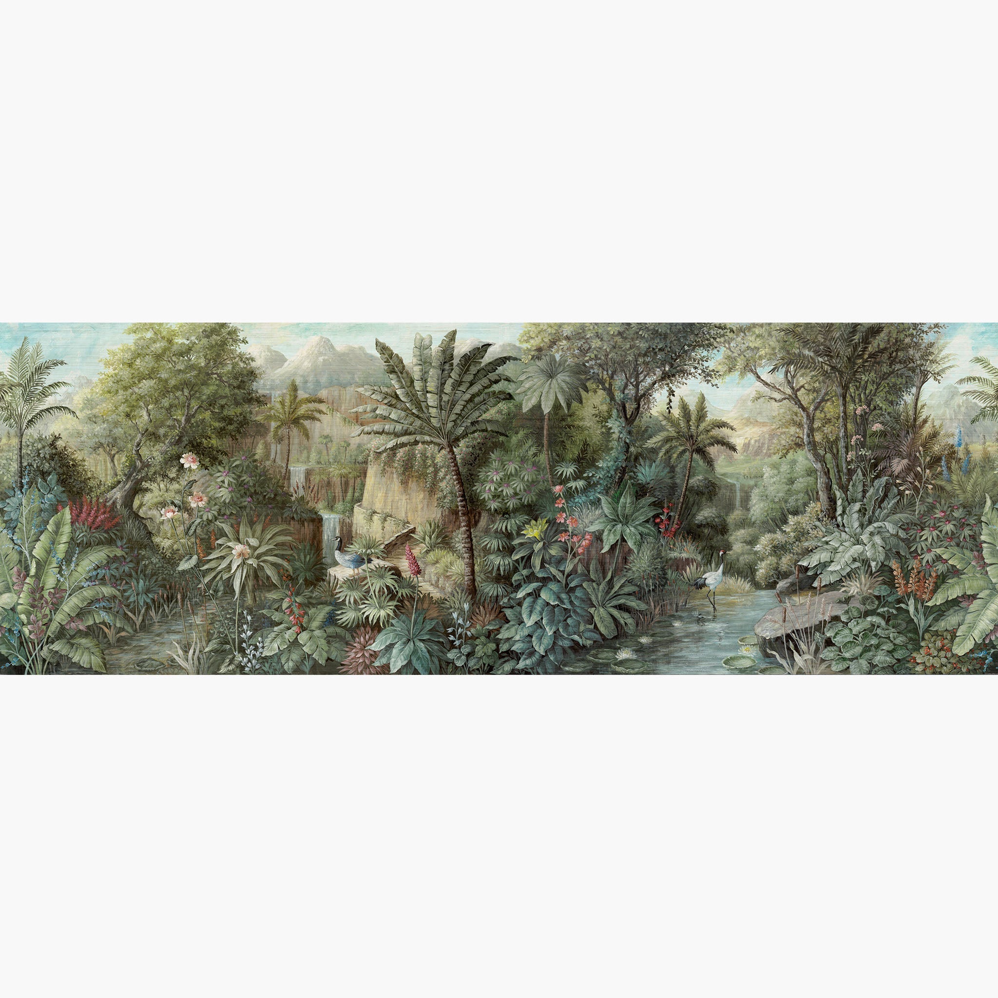 Artwork of a panoramic wallpaper mural featuring a lush tropical landscape in vibrant greens, soft pinks, and sky blues.