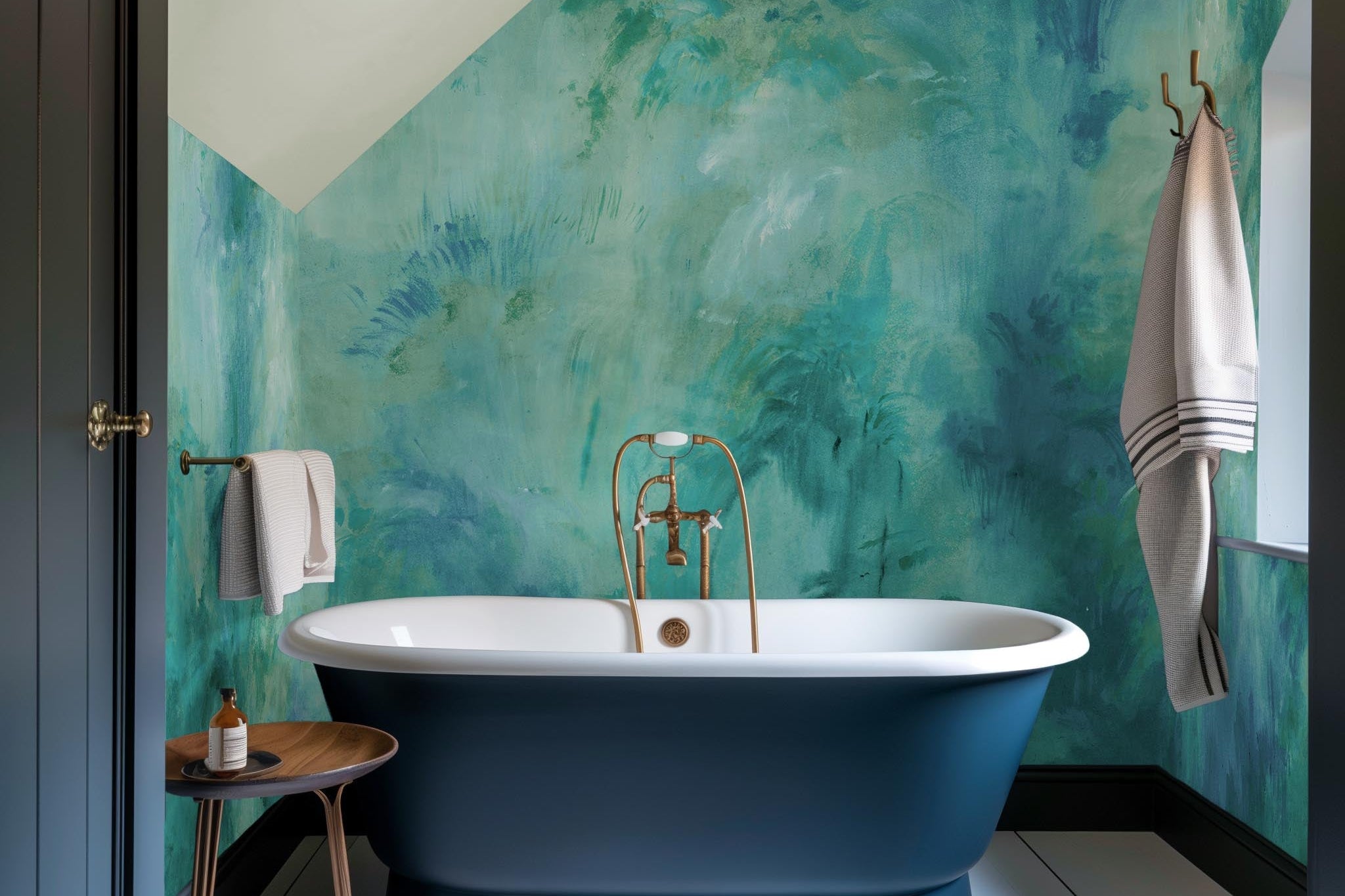 An interior bathroom featuring a panoramic vinyl wallpaper mural of an abstract wash in aqua and jade.
