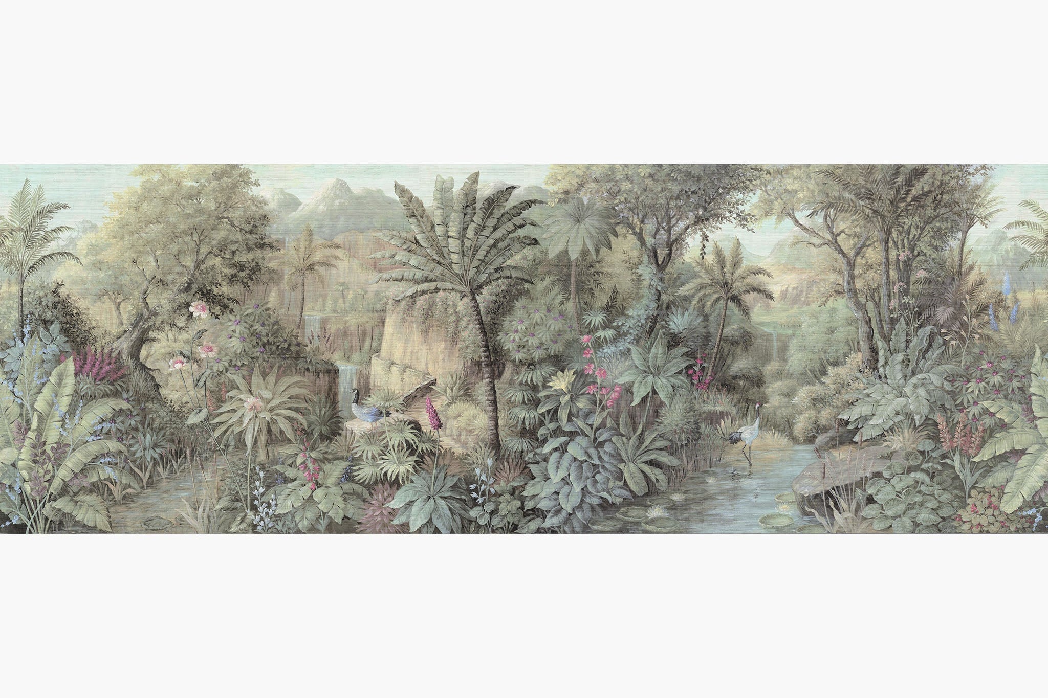 Artwork of a panoramic wallpaper mural featuring a verdant tropical paradise with cool greens, blush tones, and soft sunlight.