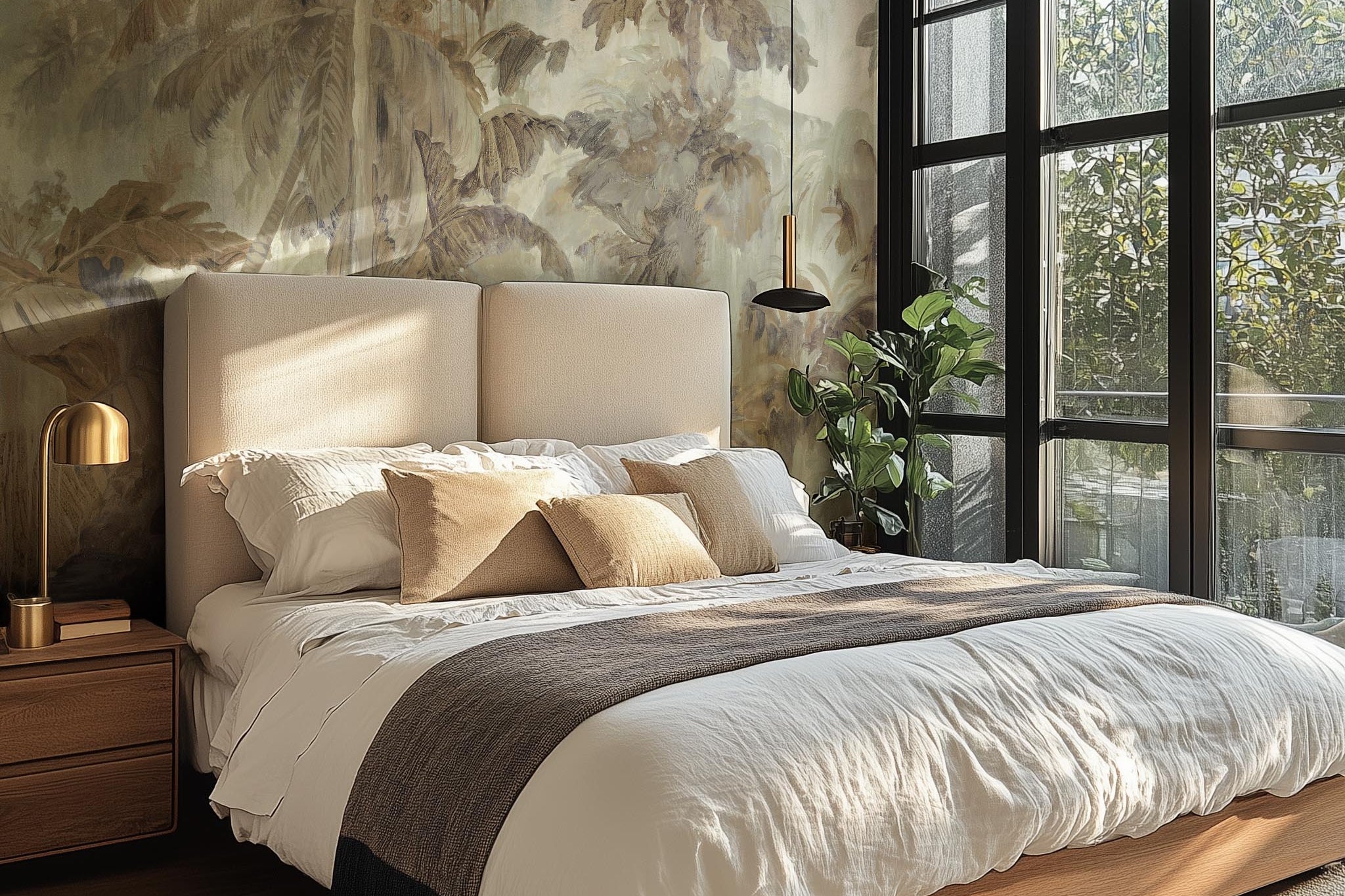 A cropped view of bedroom featuring a panoramic matte wallpaper mural of a jungle scene in sepia and blue.