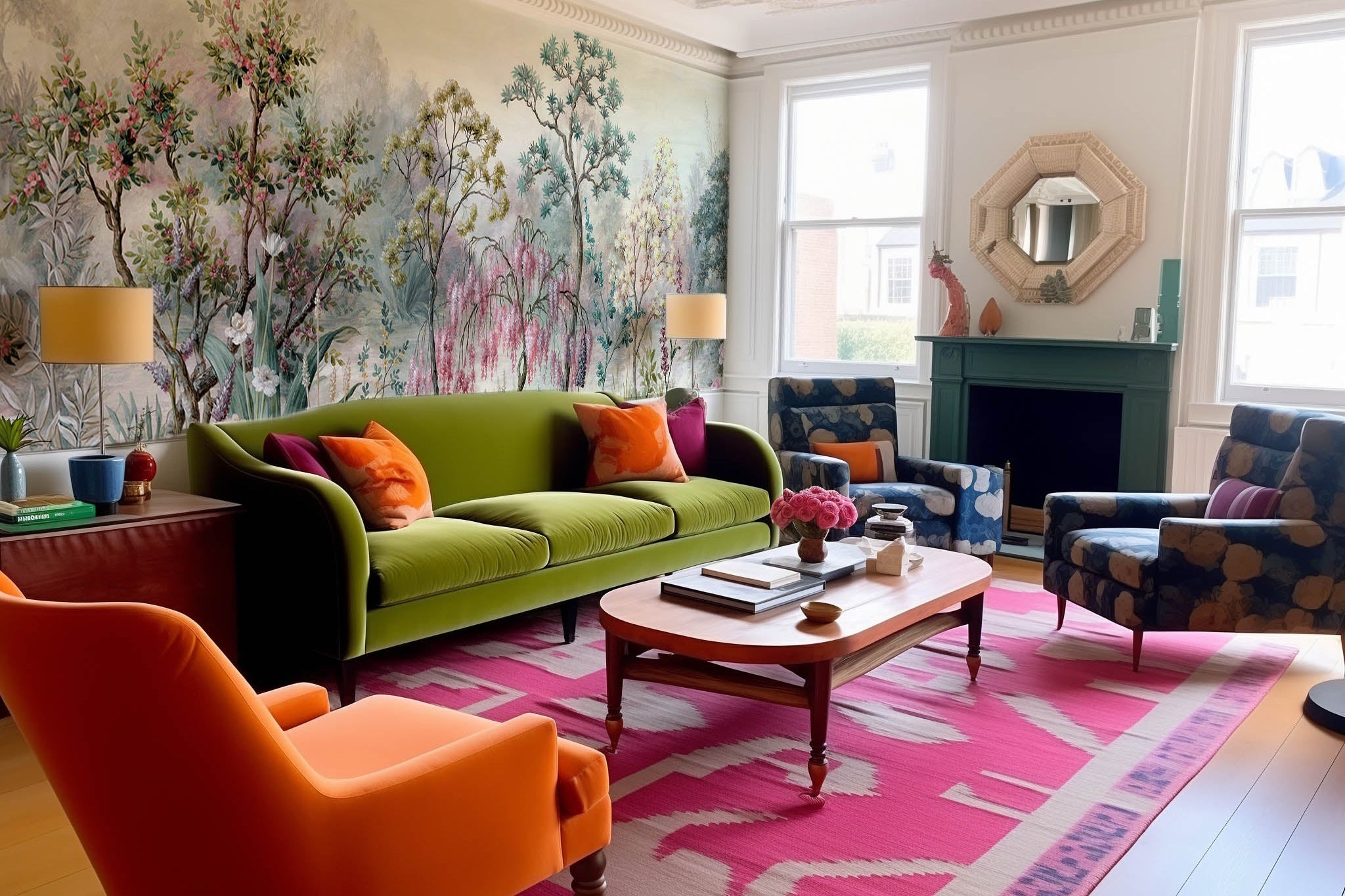 An interior living room featuring a panoramic matte wallpaper mural of a lakeside garden scene in mint and pink.