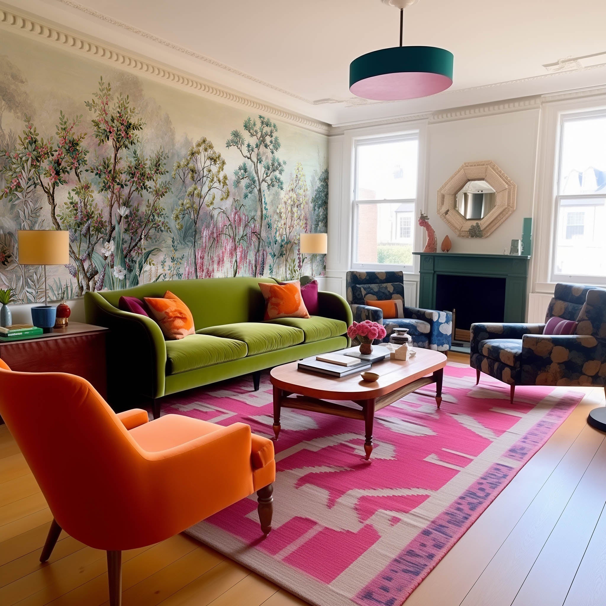 An interior living room featuring a panoramic matte wallpaper mural of a lakeside garden scene in mint and pink.