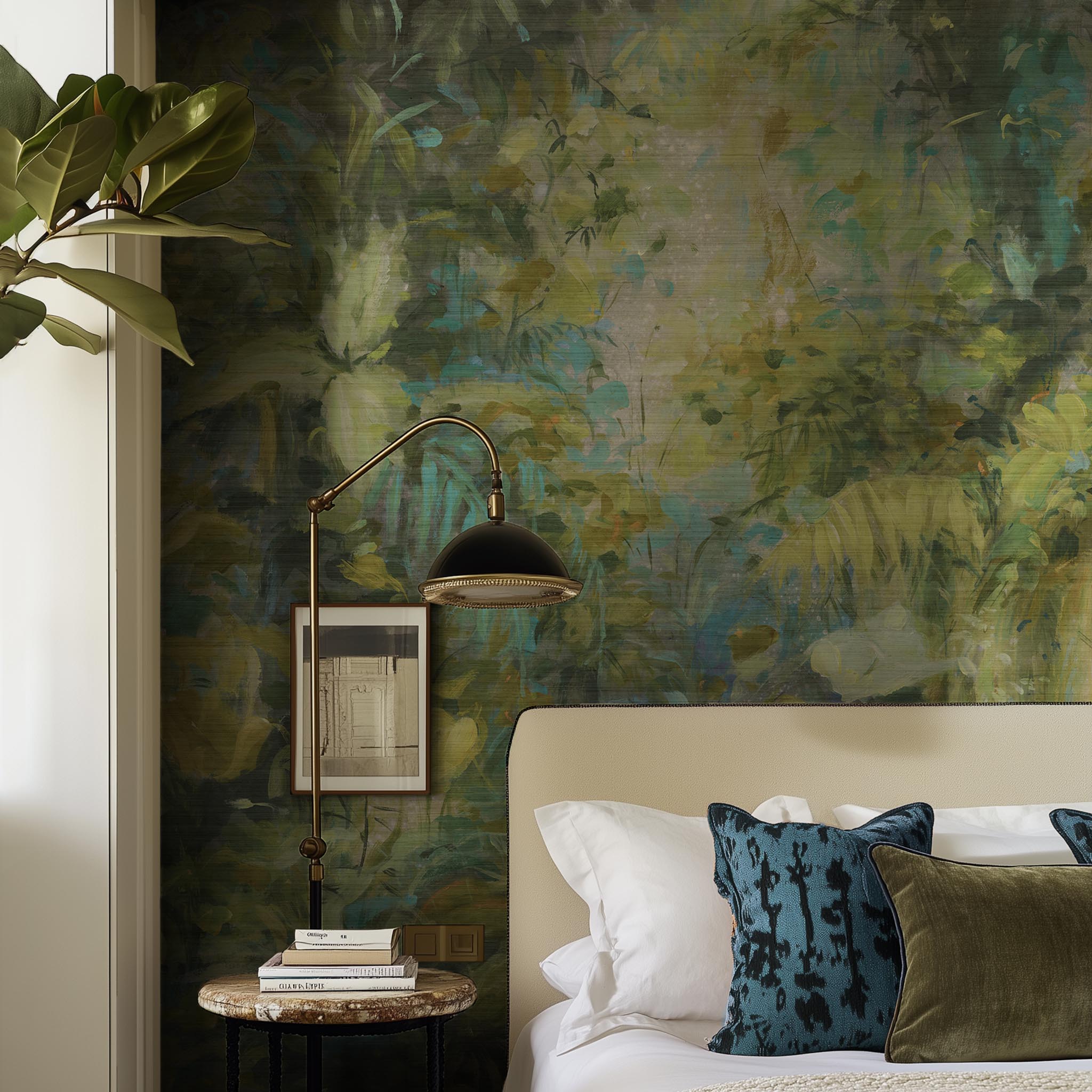 A cropped view of bedroom featuring a panoramic grasscloth wallpaper mural of a jungle abstraction in emerald and ochre.
