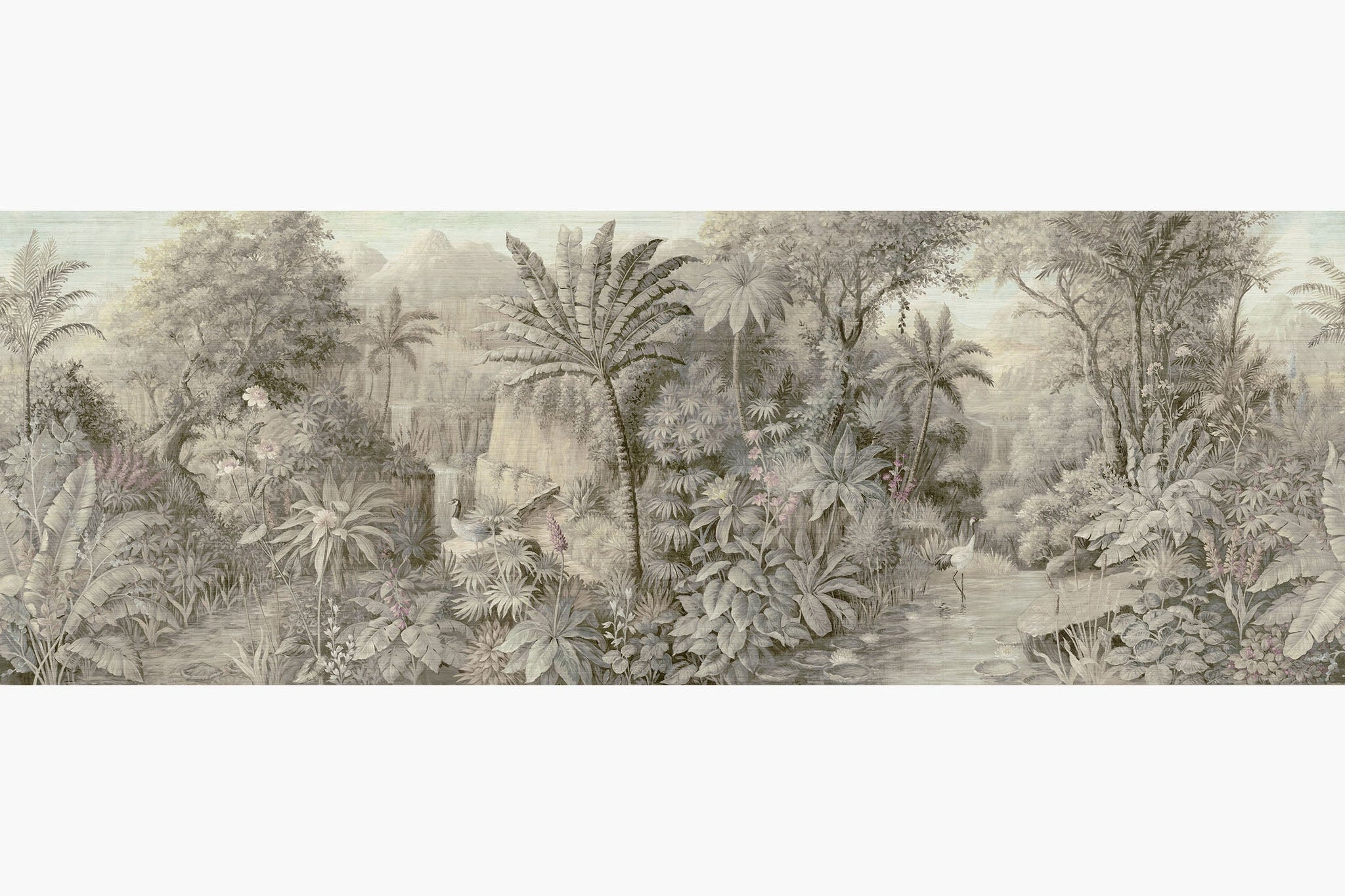 Artwork of a panoramic wallpaper mural featuring a tranquil jungle vista in soft sepia, ash green, and pale blush,
