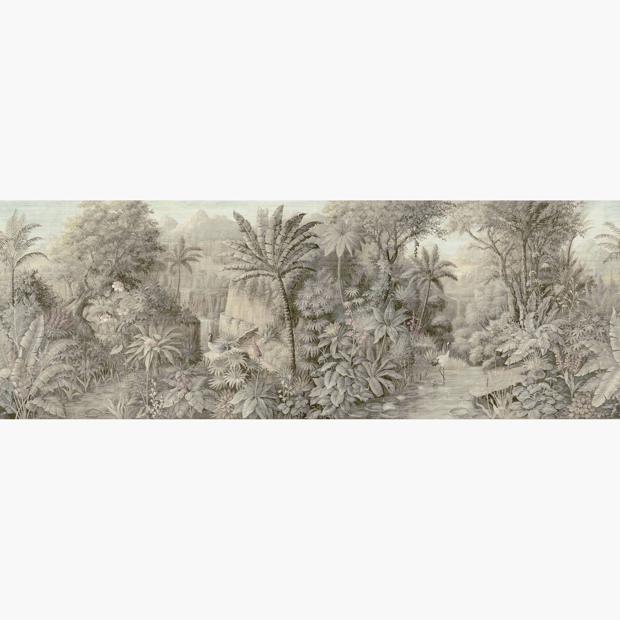 Artwork of a panoramic wallpaper mural featuring a tranquil jungle vista in soft sepia, ash green, and pale blush,