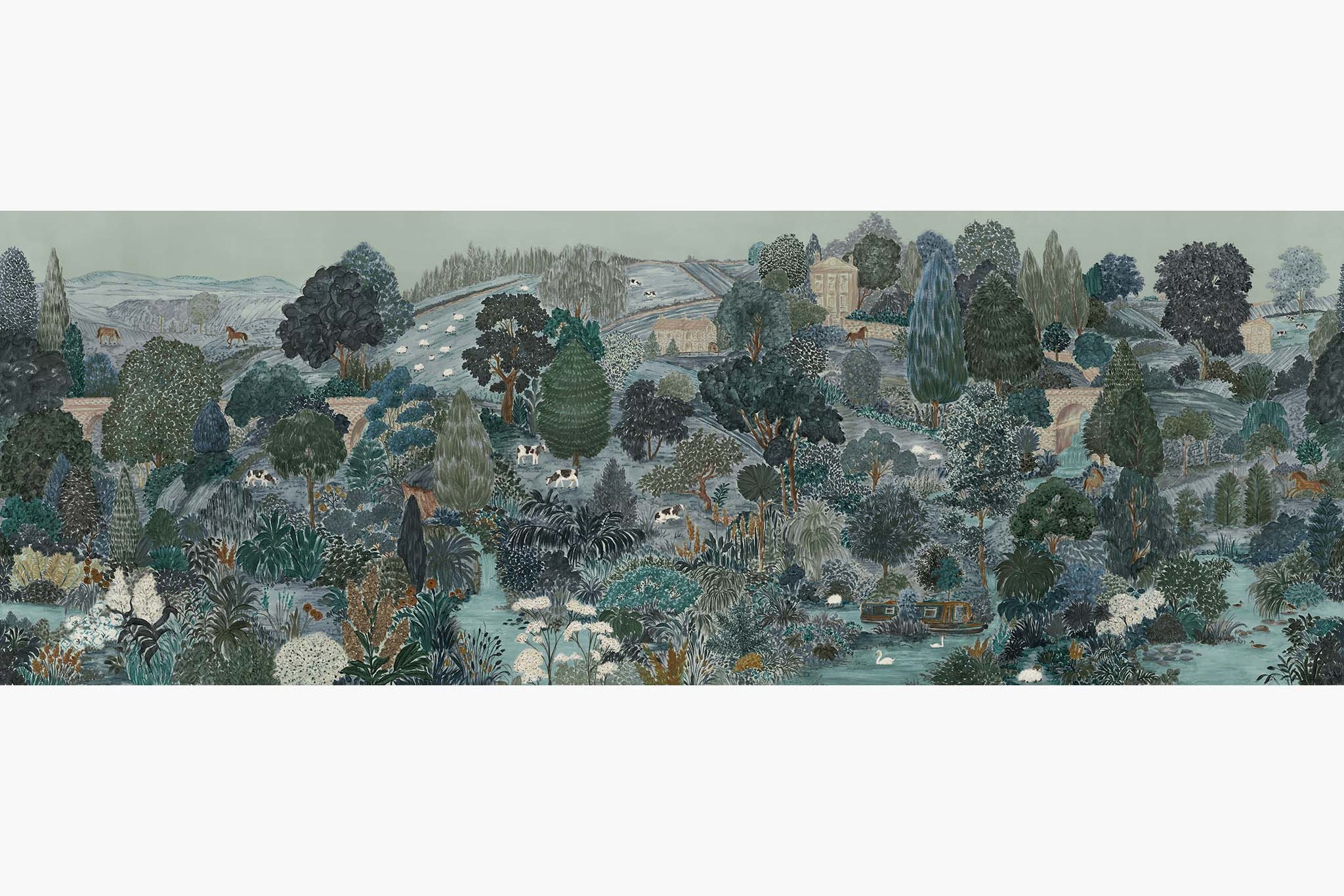 Artwork of a panoramic wallpaper mural featuring a vivid countryside scene in teal, sea green, and slate blue