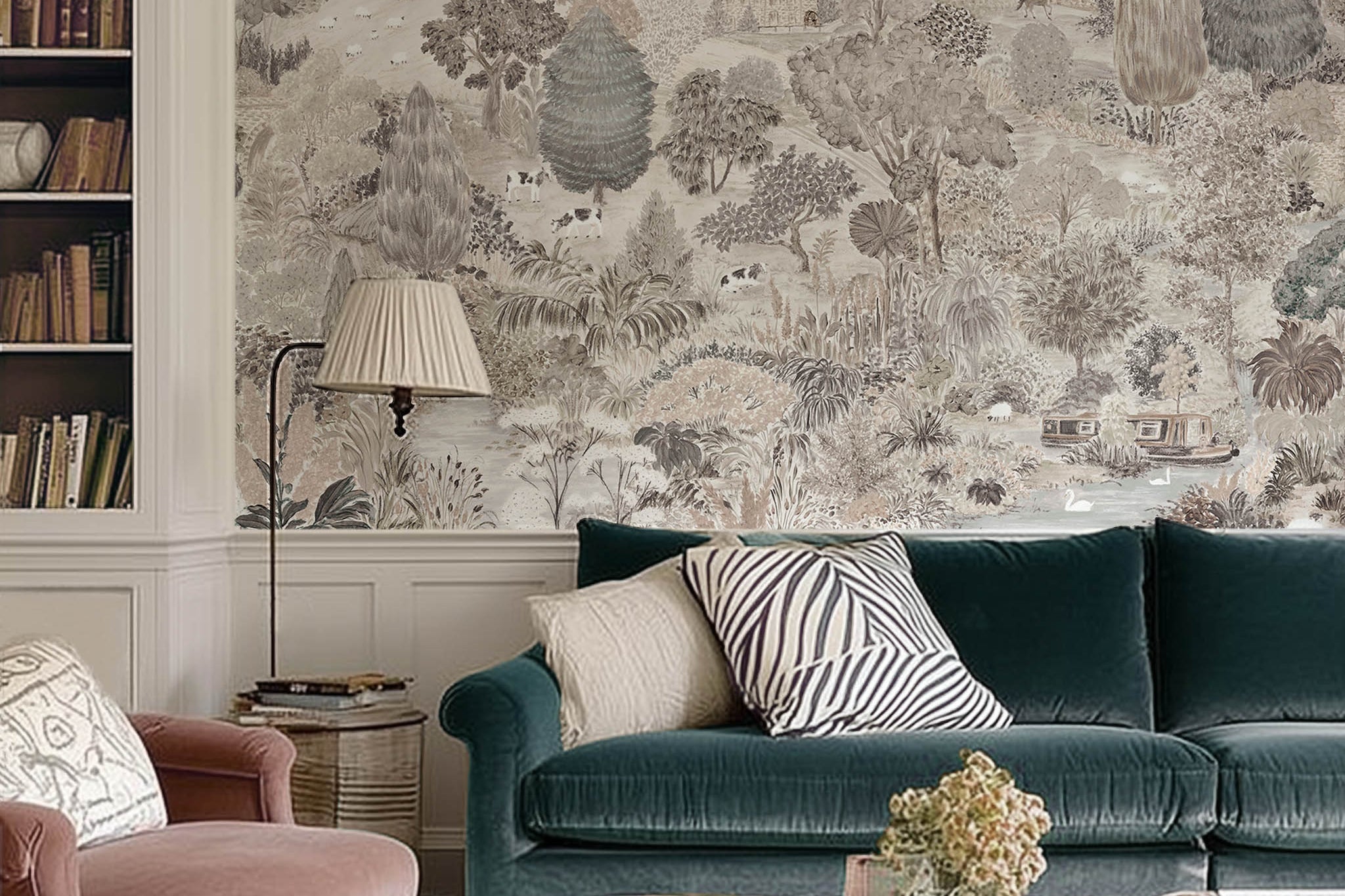 An interior living room featuring a panoramic matte wallpaper mural of almond, dusty rose, and mist countryside scene