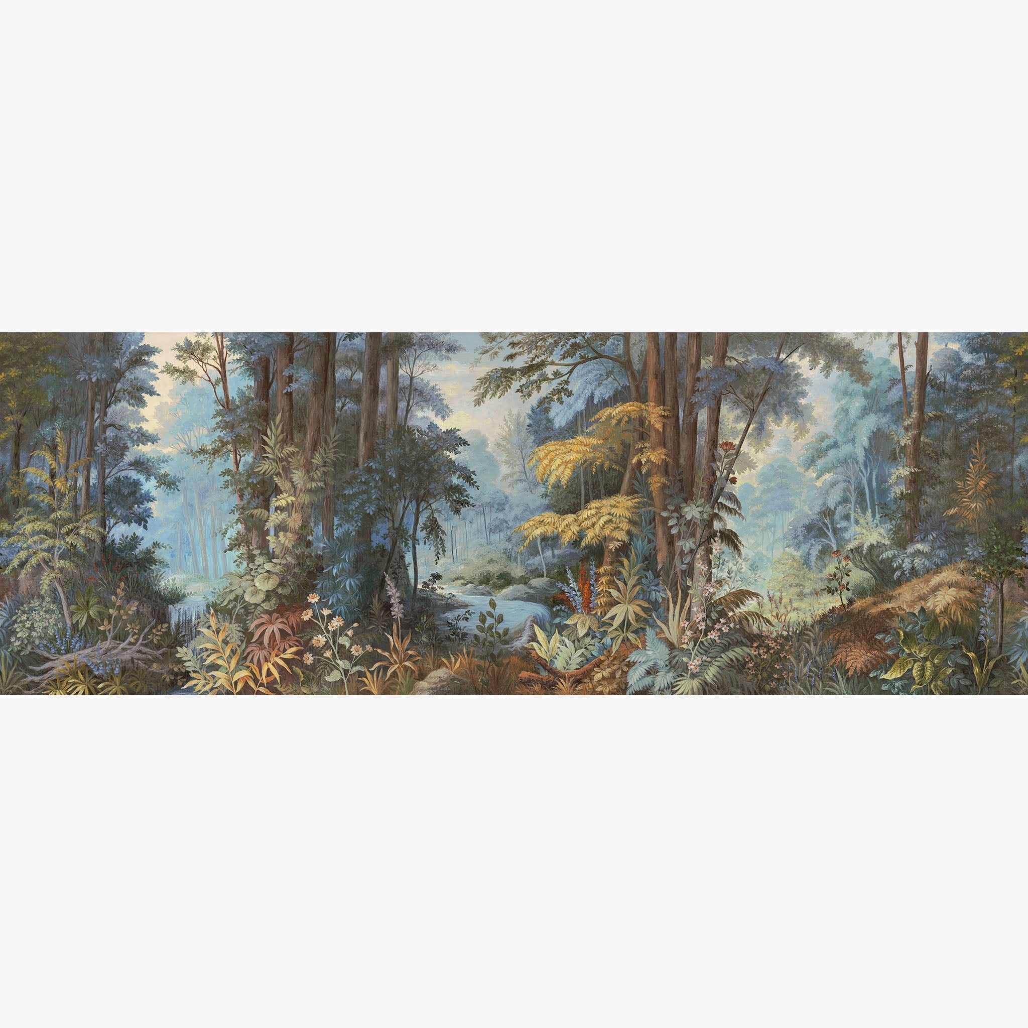 Artwork of a panoramic wallpaper mural featuring an enchanted forest scene in dusky blues, golden ochre, and soft rust.