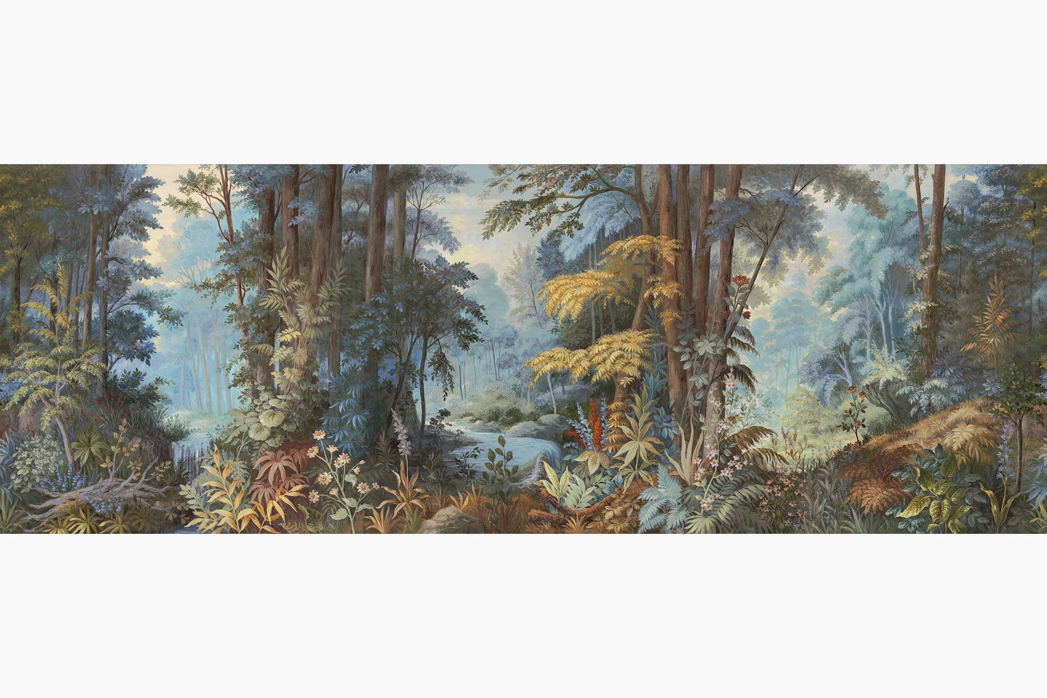 Artwork of a panoramic wallpaper mural featuring an enchanted forest scene in dusky blues, golden ochre, and soft rust.