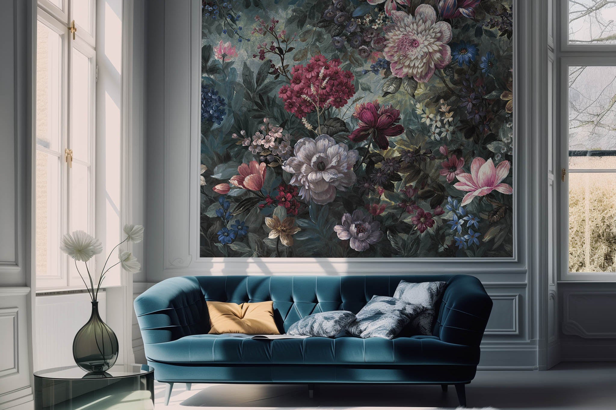 An interior living room featuring a panoramic matte wallpaper mural of a floral bloom in crimson and blue.