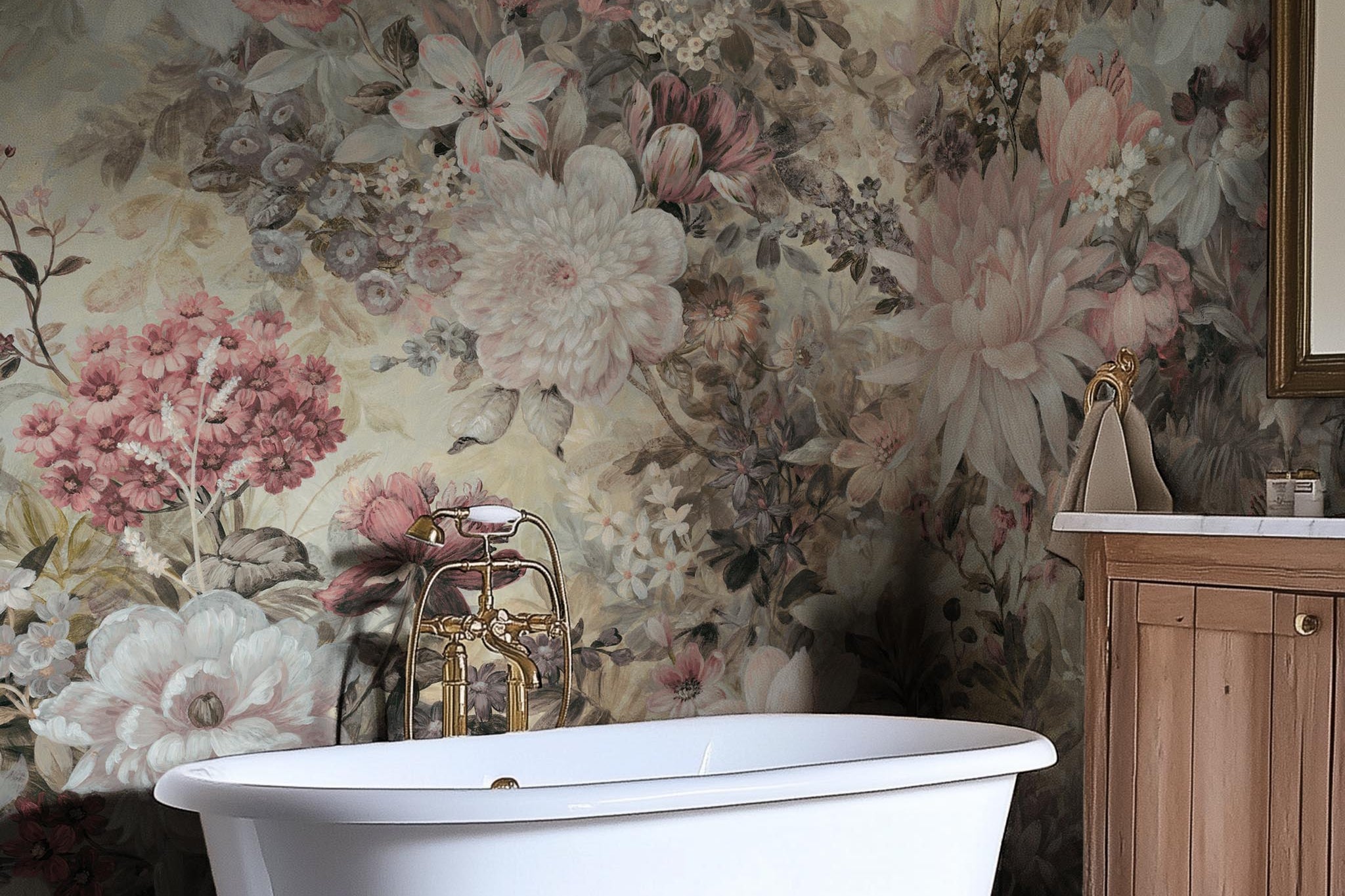 A cropped view of bathroom featuring a panoramic vinyl wallpaper mural of a floral composition in soft neutrals.
