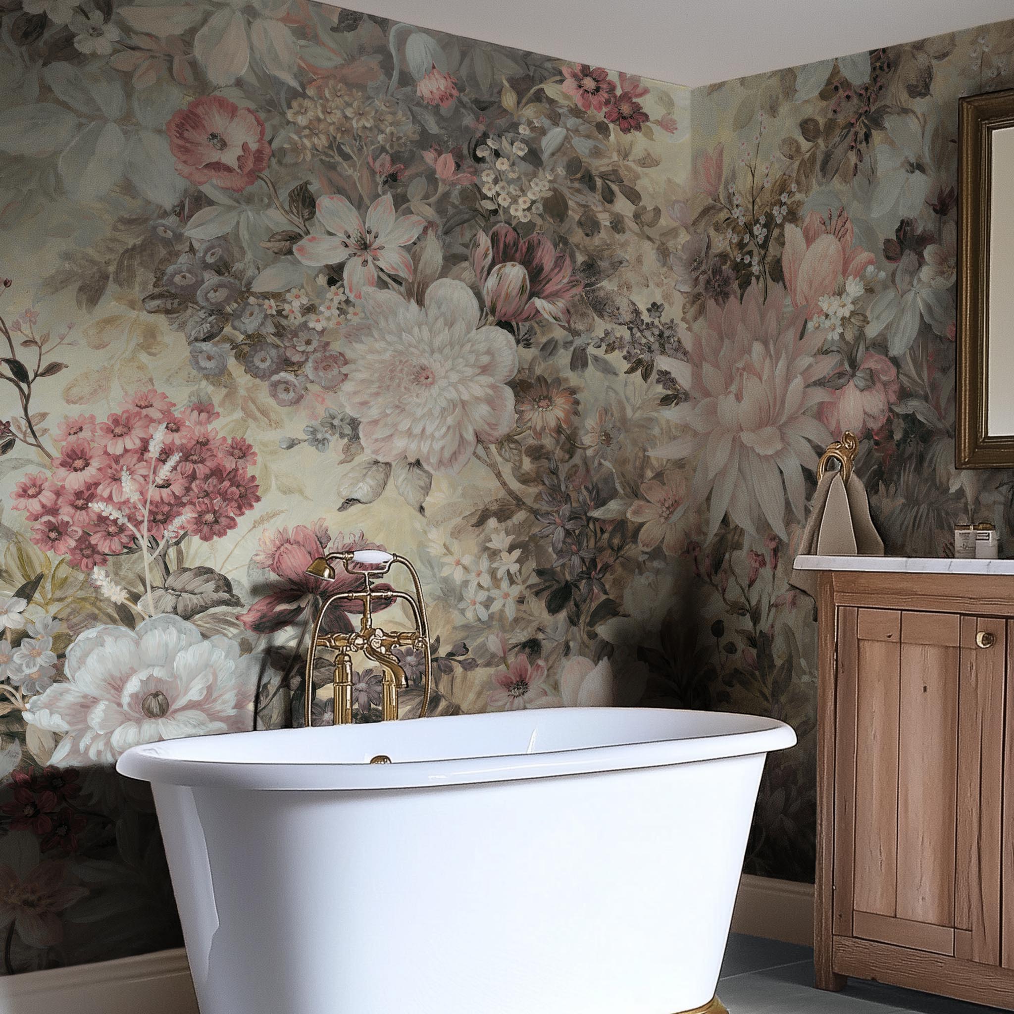 A cropped view of bathroom featuring a panoramic vinyl wallpaper mural of a floral composition in soft neutrals.