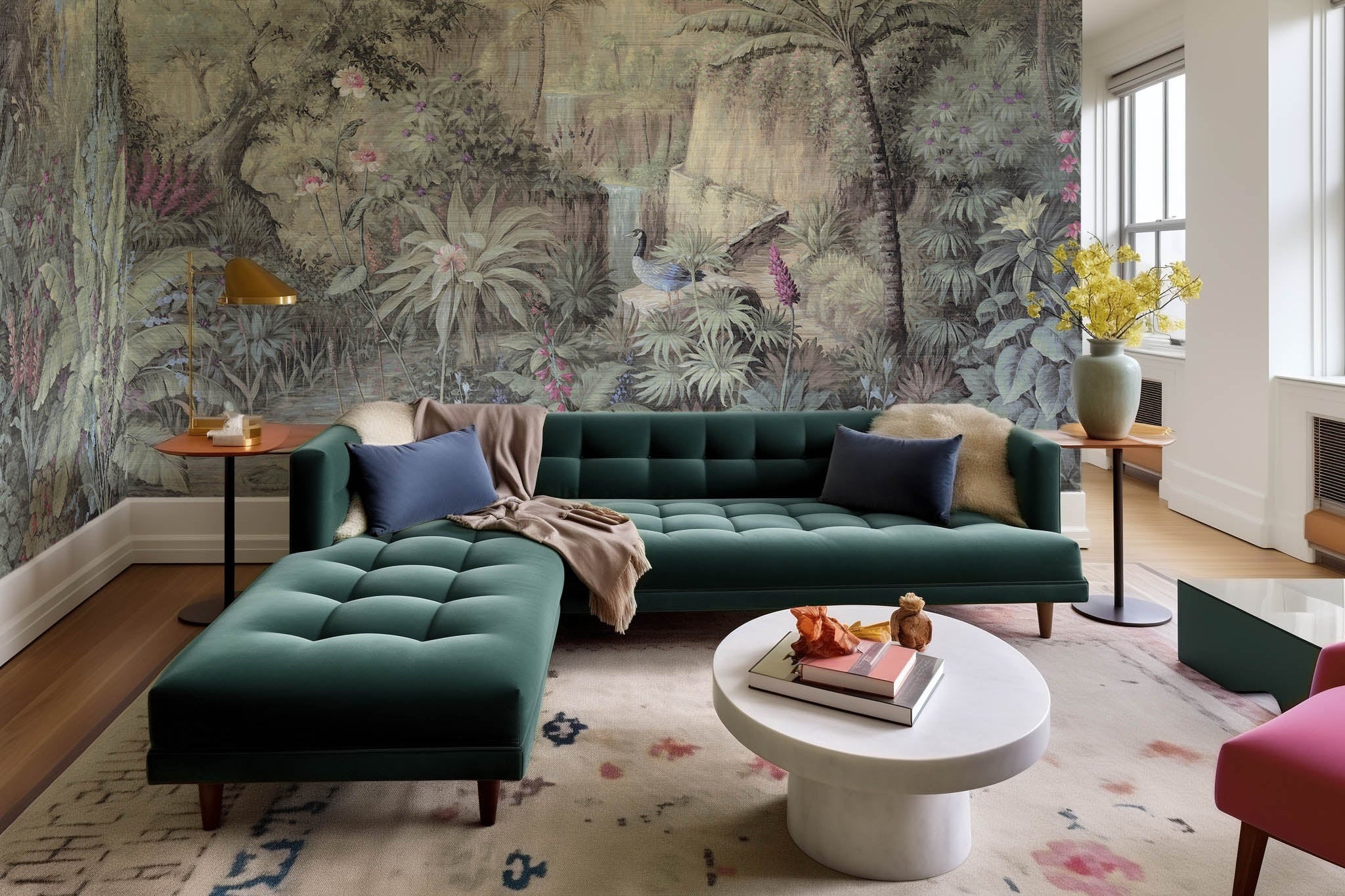 An interior living room featuring a panoramic grasscloth wallpaper mural of a tropical paradise in cool greens and blushes.