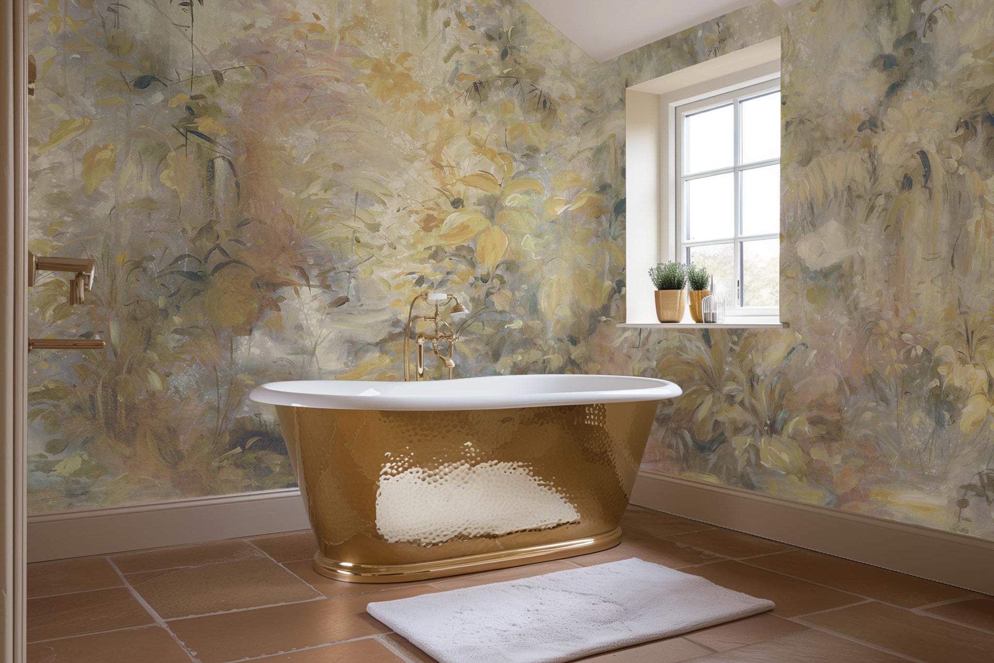 An interior bathroom featuring a panoramic vinyl wallpaper mural of an abstract forest in lemon and cream.