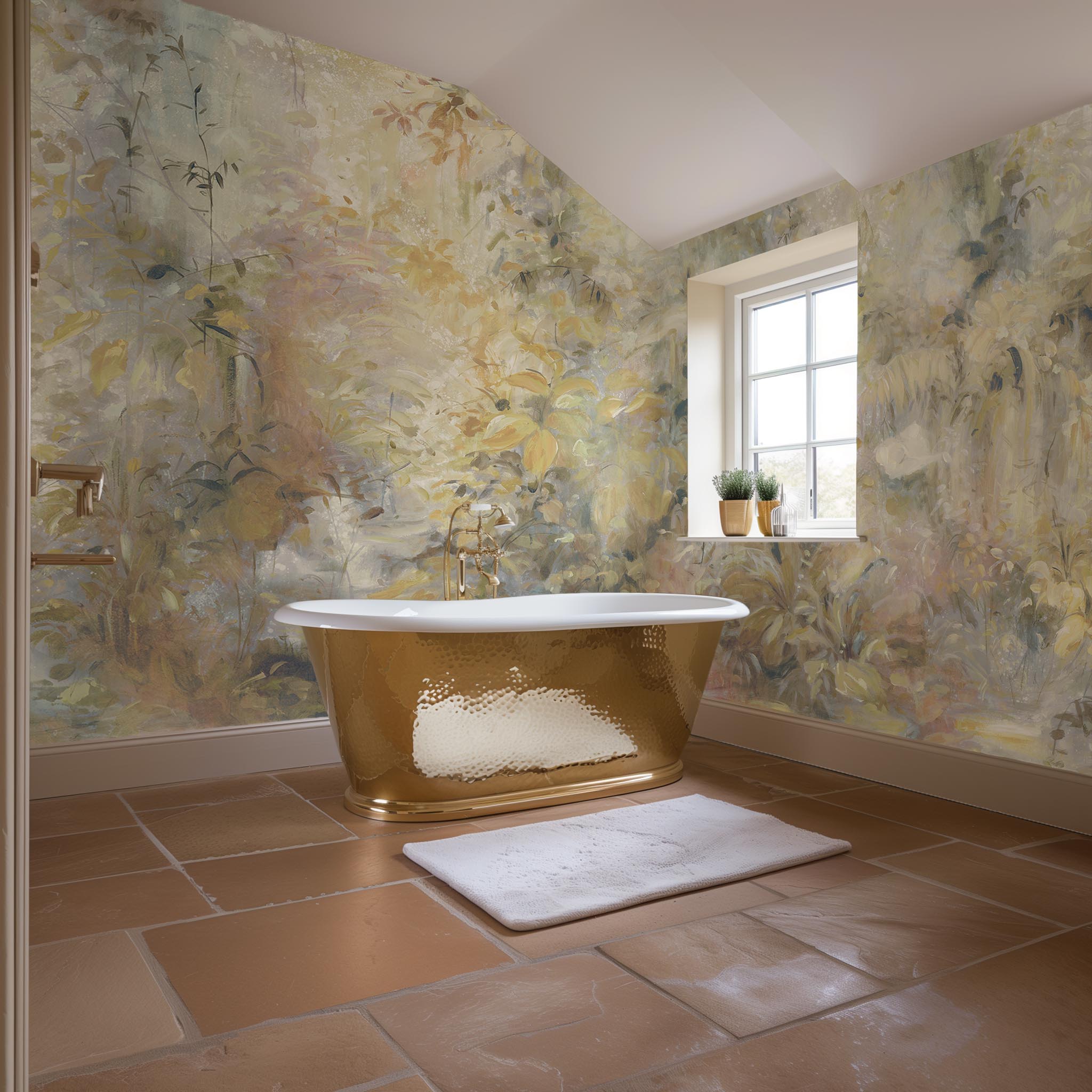 An interior bathroom featuring a panoramic vinyl wallpaper mural of an abstract forest in lemon and cream.