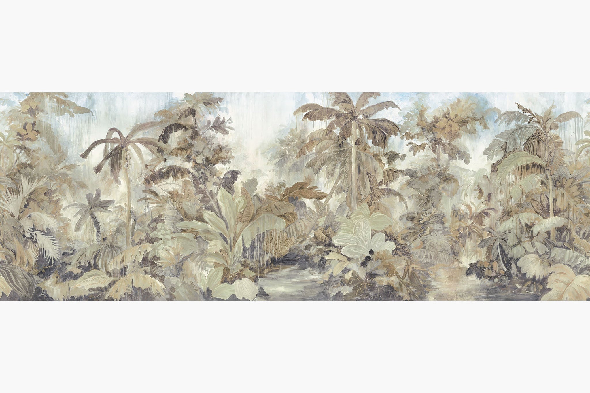 Artwork of a panoramic wallpaper mural featuring an ethereal jungle scene in soft sepia, stone, and misty blue.