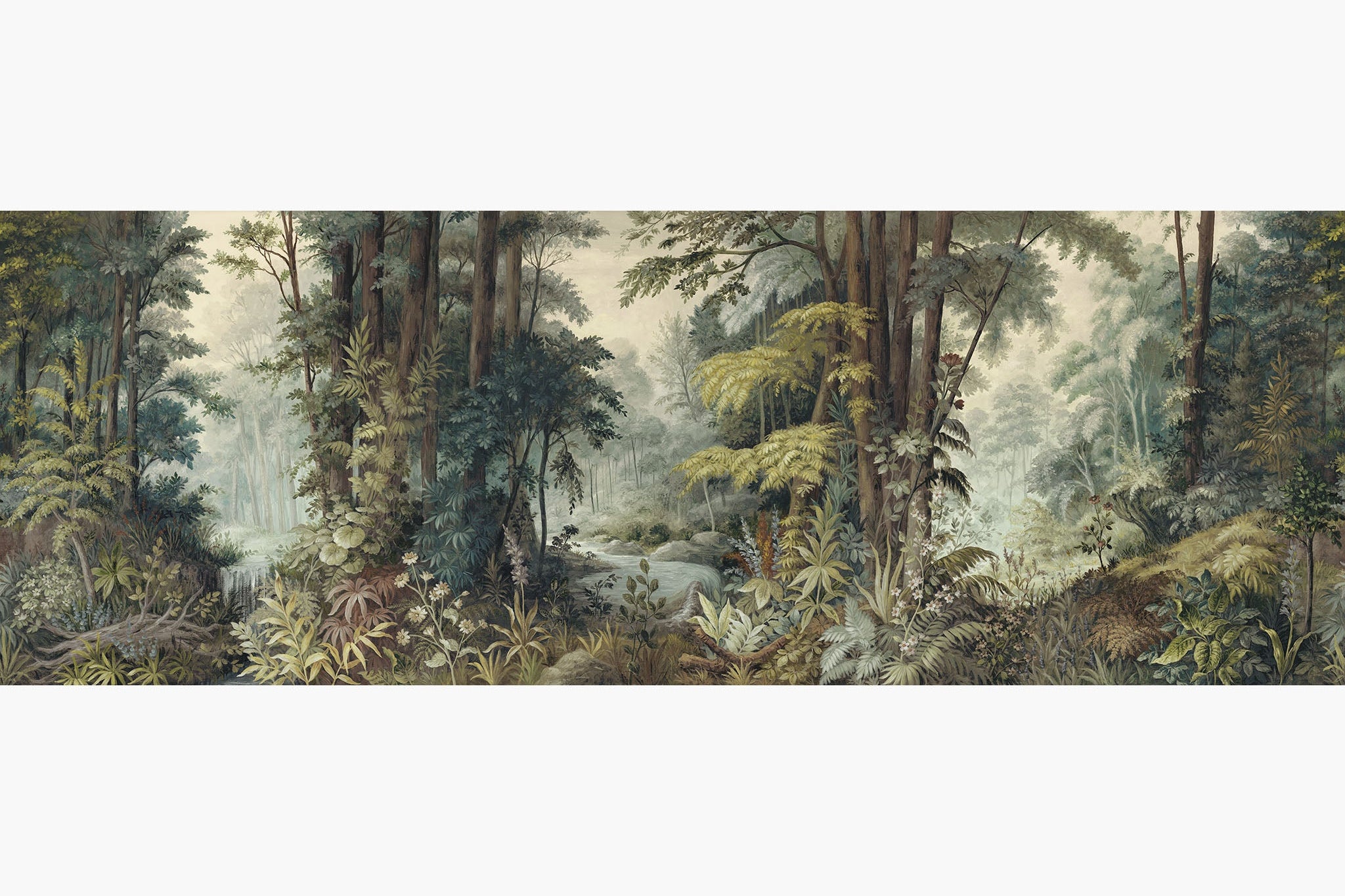 Artwork of a panoramic wallpaper mural featuring a misty woodland scene in soft sage, muted ochre, and warm umber.