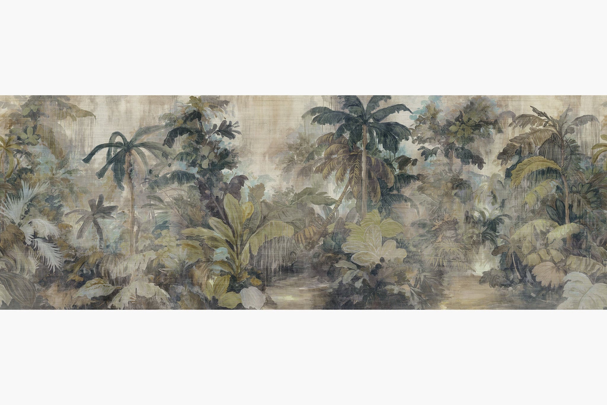 Artwork of a panoramic wallpaper mural featuring a dreamy tropical foliage in muted sage, olive, and parchment tones.