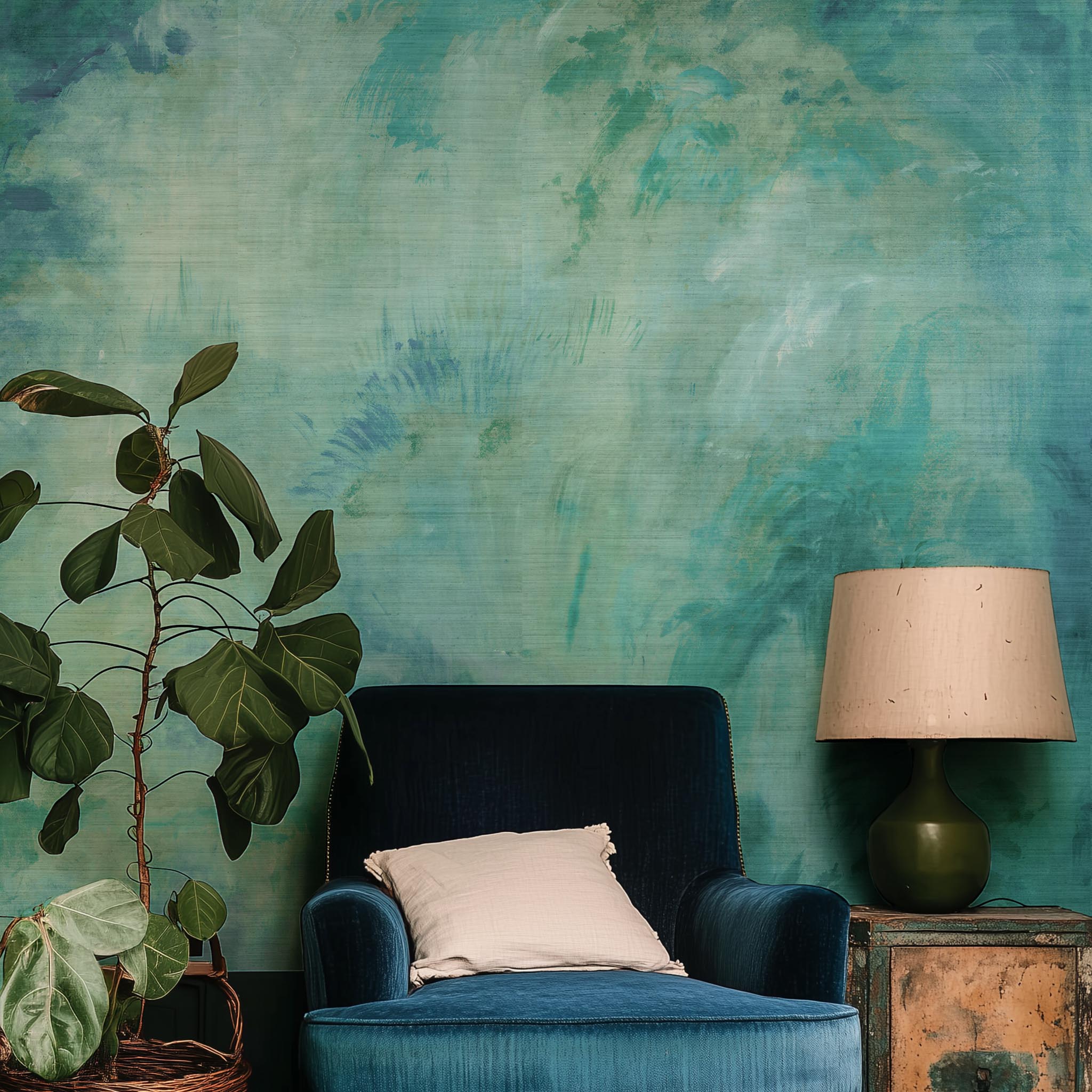 A cropped view of sitting area featuring a panoramic grasscloth wallpaper mural of an abstract wash in aqua and jade.