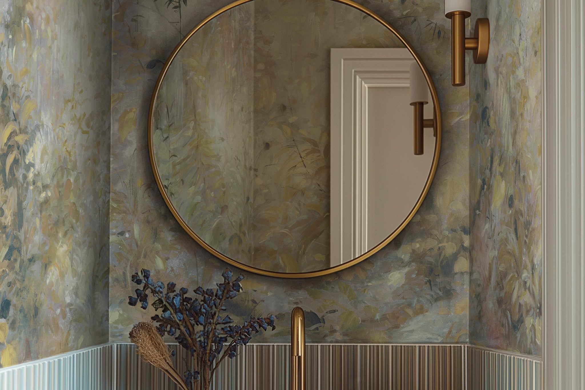 A cropped view of bathroom featuring a panoramic vinyl wallpaper mural of an abstract forest in lemon and cream.
