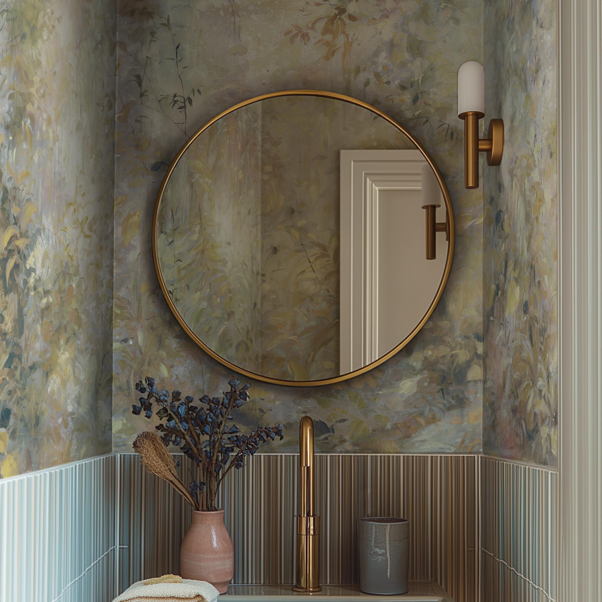A cropped view of bathroom featuring a panoramic vinyl wallpaper mural of an abstract forest in lemon and cream.