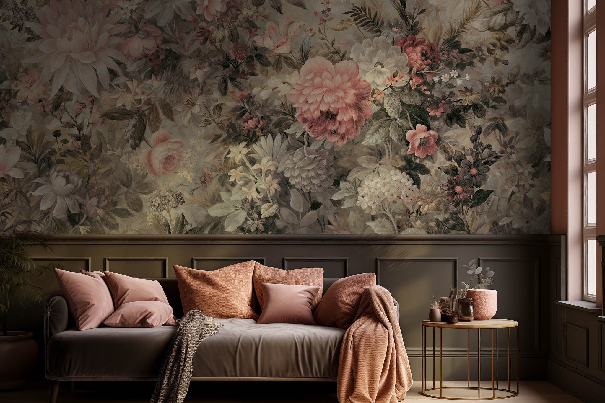 An interior living room featuring a panoramic matte wallpaper mural of a floral composition in soft neutrals.