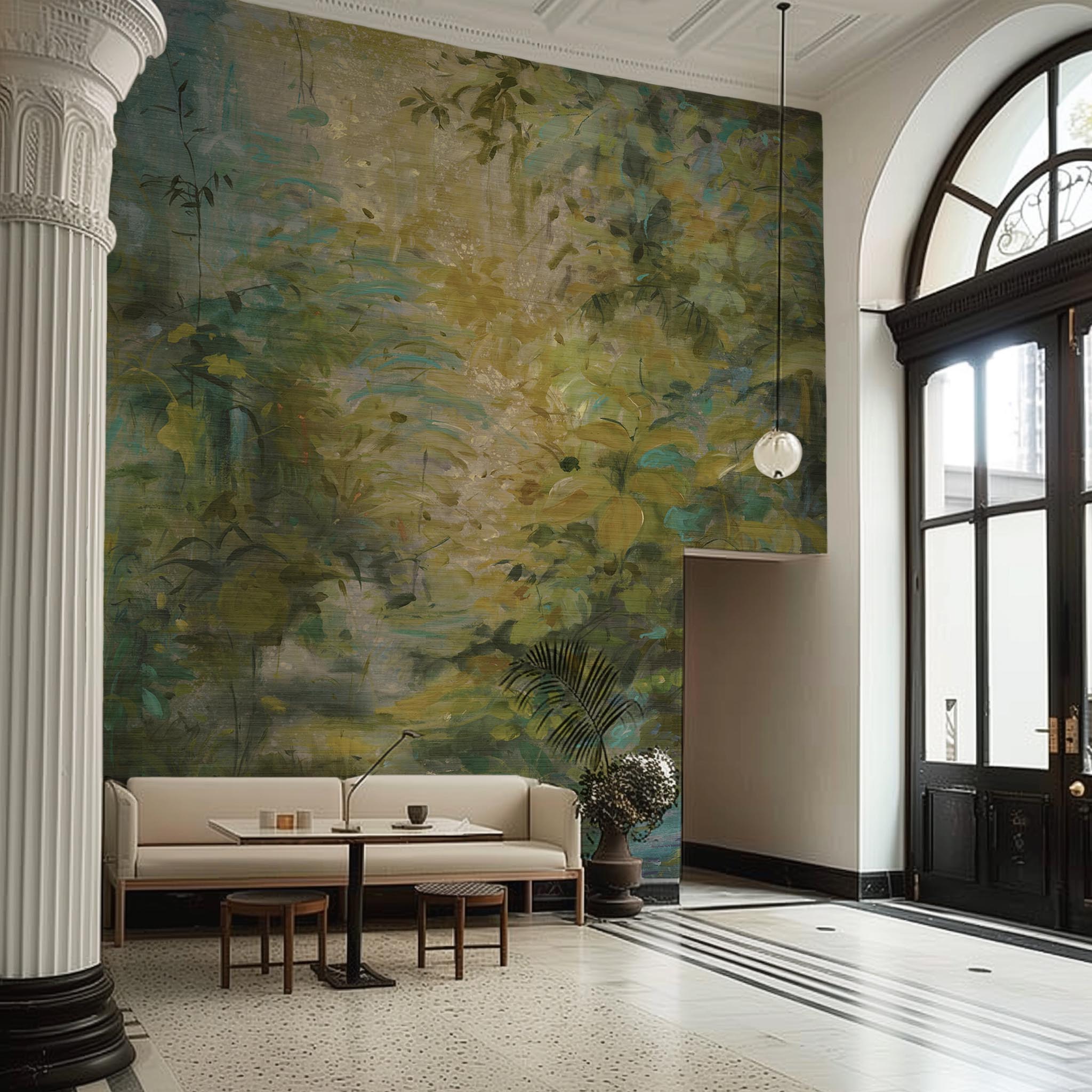 An interior living room featuring a panoramic grasscloth wallpaper mural of a jungle abstraction in emerald and ochre.