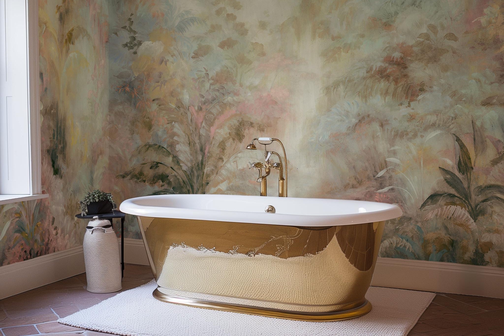 An interior bathroom featuring a panoramic vinyl wallpaper mural of a rainforest in blush and sky blue.