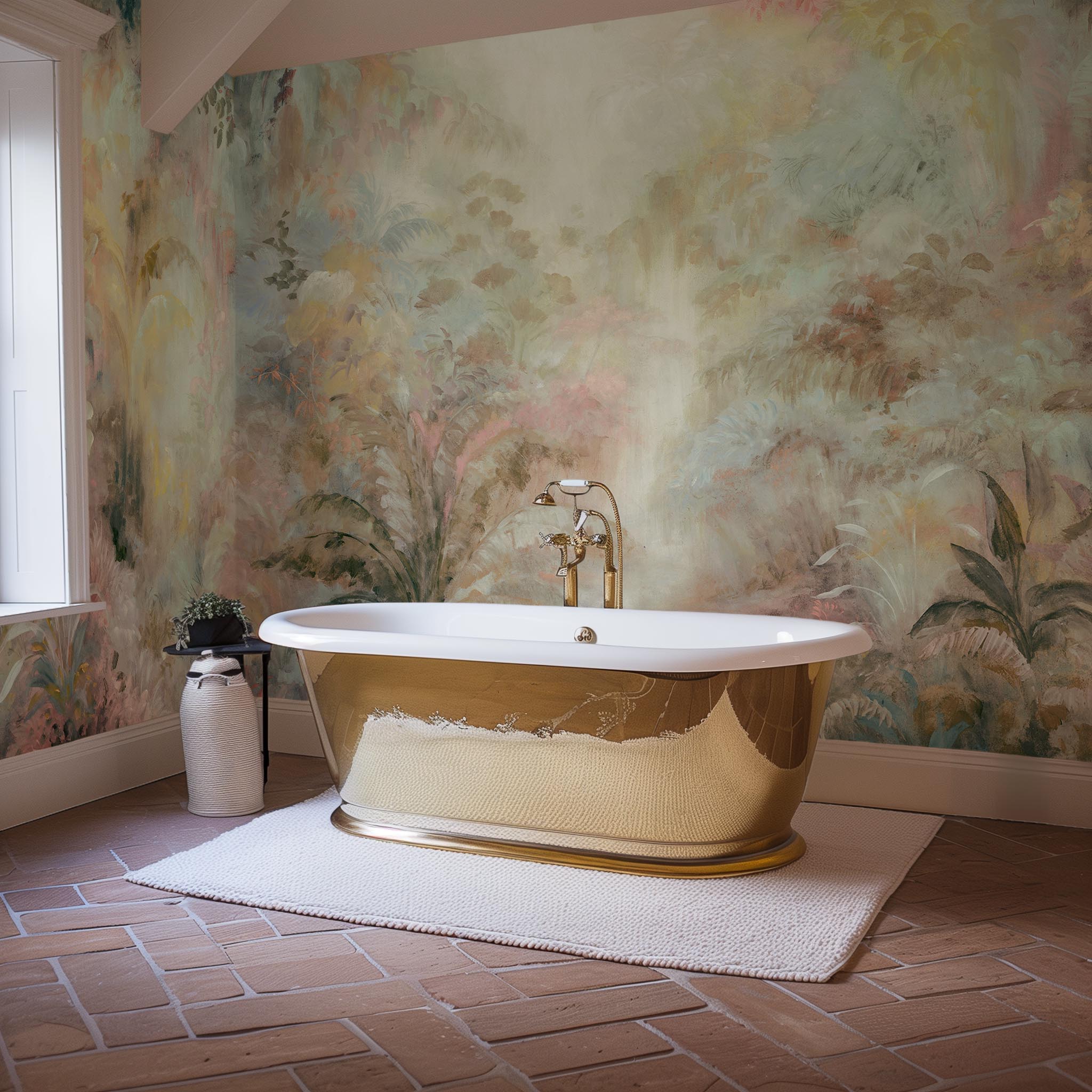 An interior bathroom featuring a panoramic vinyl wallpaper mural of a rainforest in blush and sky blue.