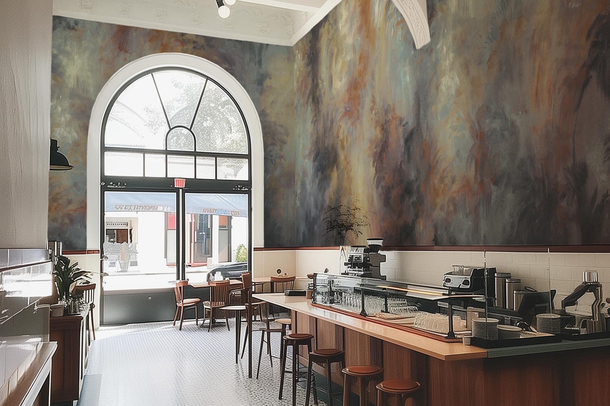 An interior restaurant featuring a panoramic vinyl wallpaper mural of an abstract haze in charcoal and ash.