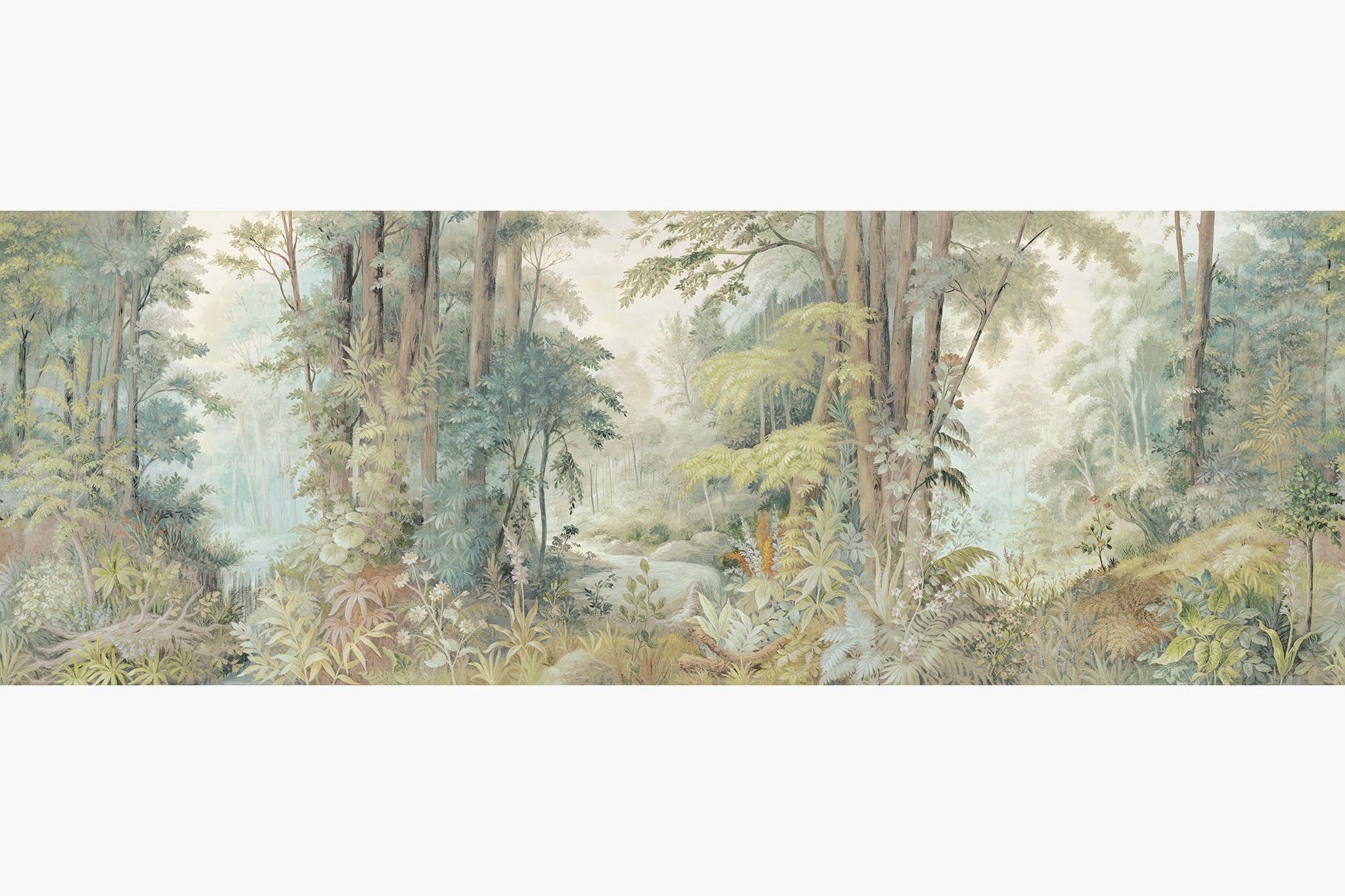 Artwork of a panoramic wallpaper mural featuring an airy forest landscape in pale sage, buttery yellow, and soft mist tones.
