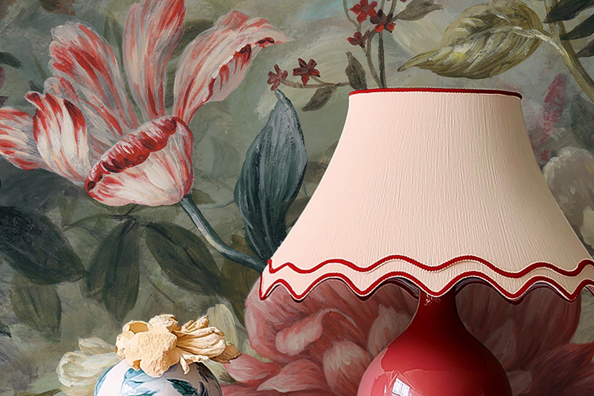 A cropped view of hallway featuring a panoramic matte wallpaper mural of a floral tapestry in rich jewel tones.