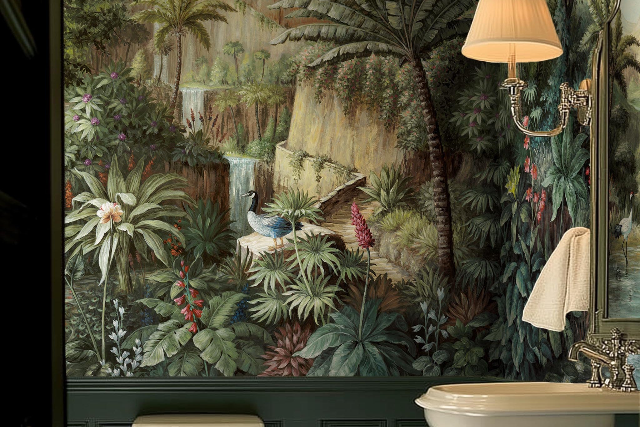 A cropped view of bathroom featuring a panoramic vinyl wallpaper mural of a tropical scene in green and pink.