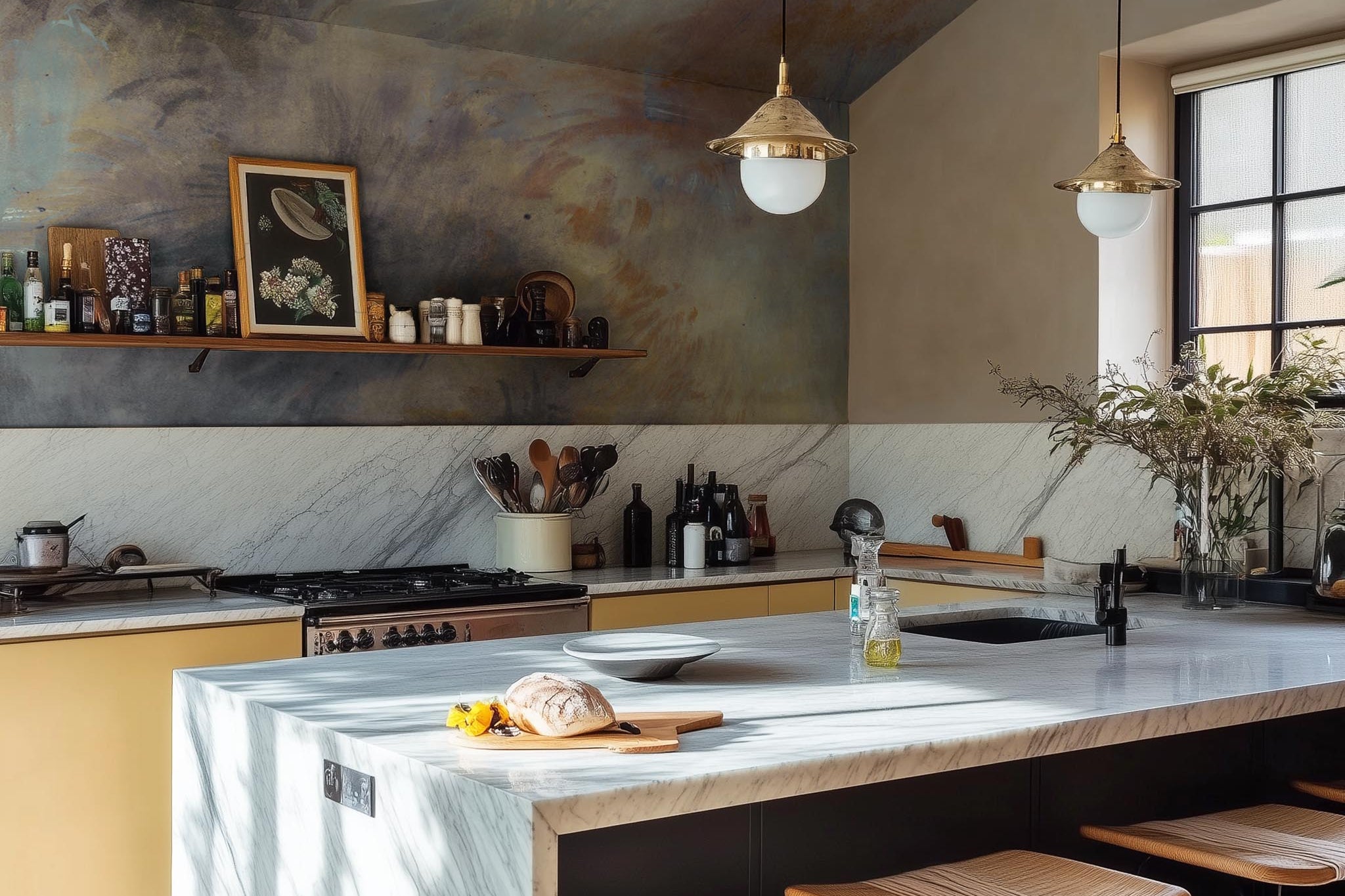 A cropped view of kitchen featuring a panoramic vinyl wallpaper mural of an abstract haze in charcoal and ash.