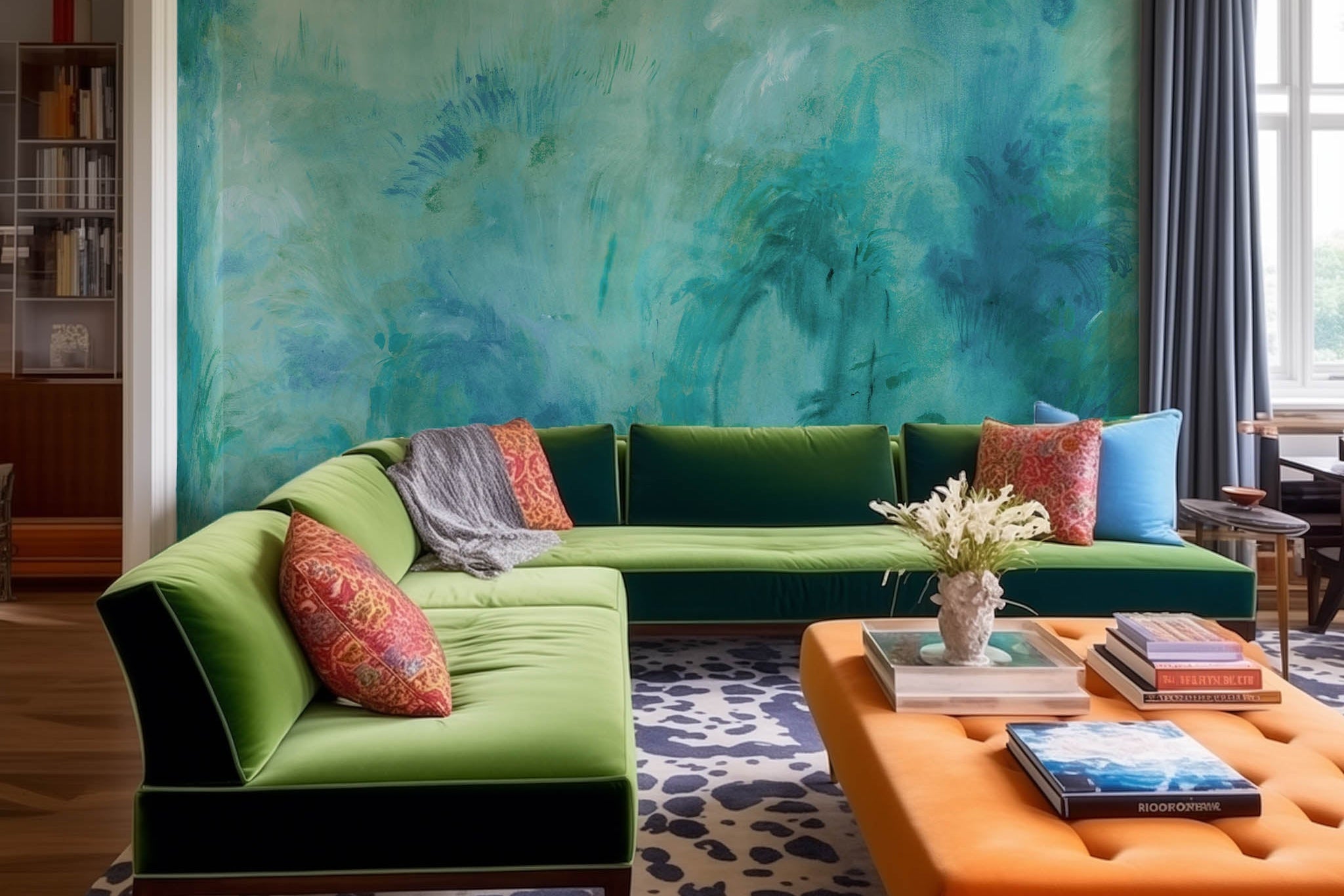 An interior living room featuring a panoramic matte wallpaper mural of an abstract wash in aqua and jade.
