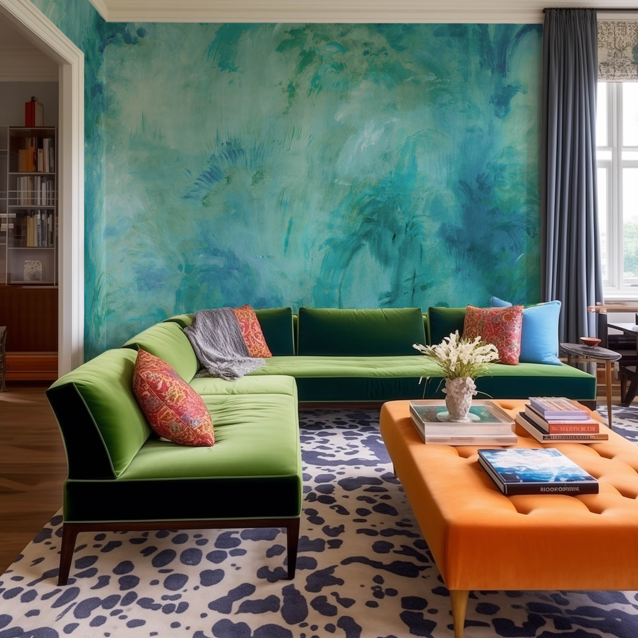 An interior living room featuring a panoramic matte wallpaper mural of an abstract wash in aqua and jade.