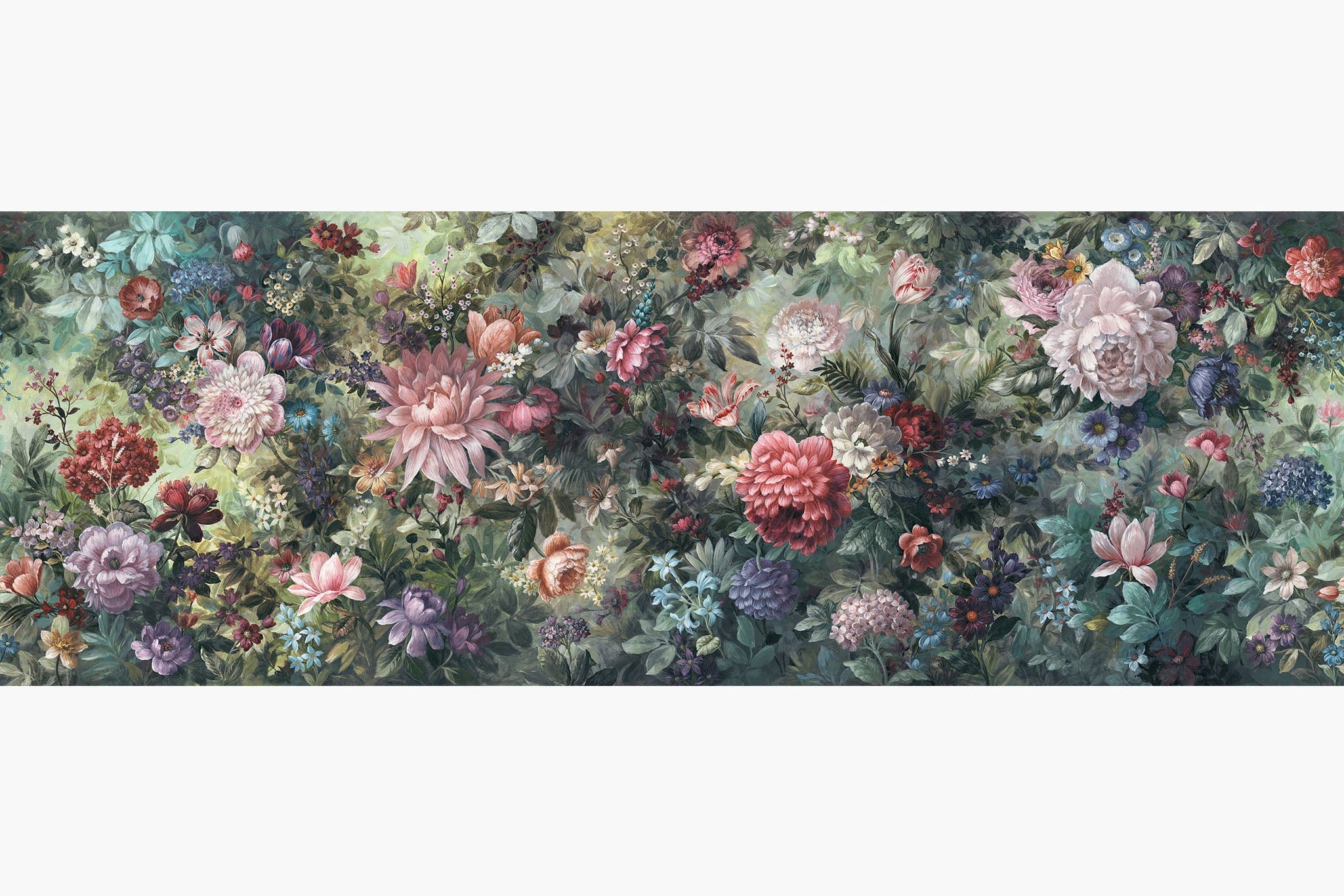 Artwork of a panoramic wallpaper mural featuring a lush floral tapestry in fresh green, coral pink, and soft lilac.