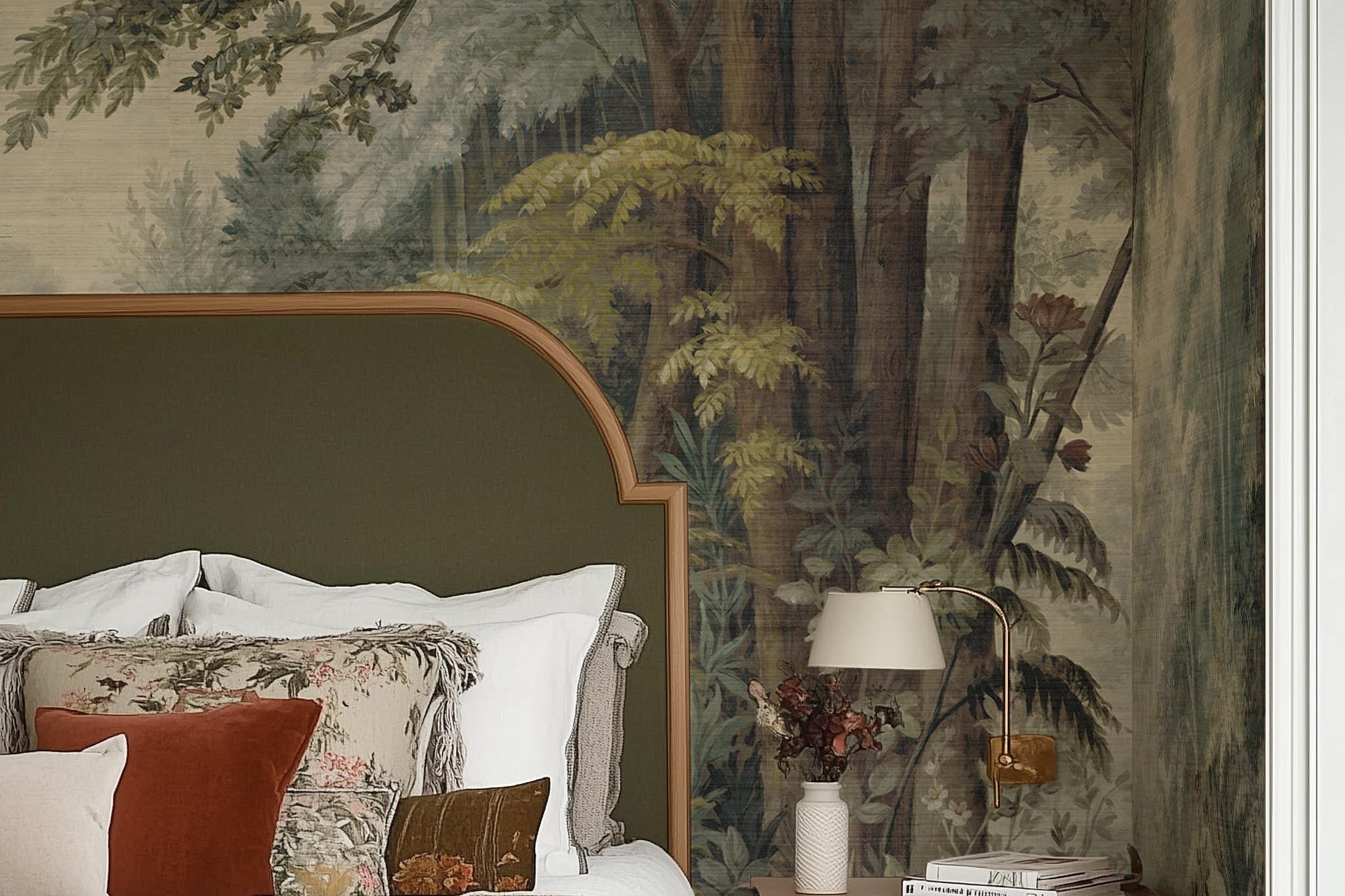 A cropped view of bedroom featuring a panoramic grasscloth wallpaper mural of a misty woodland in sage and ochre.