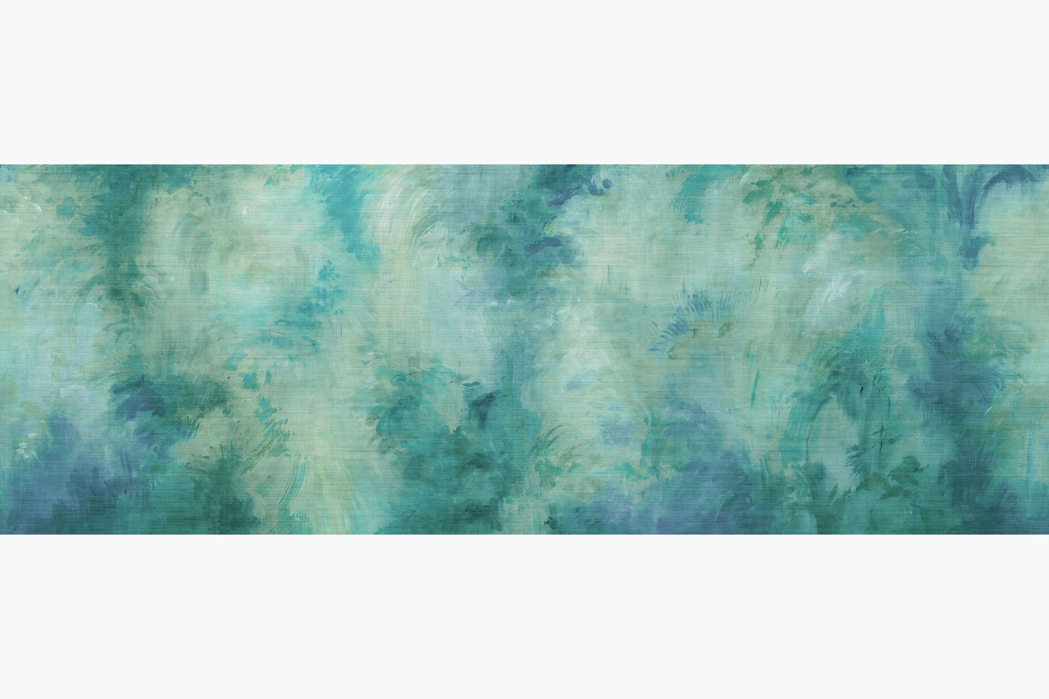 Artwork of a panoramic wallpaper mural featuring an atmospheric forest wash in aqua, jade, and deep sea green.