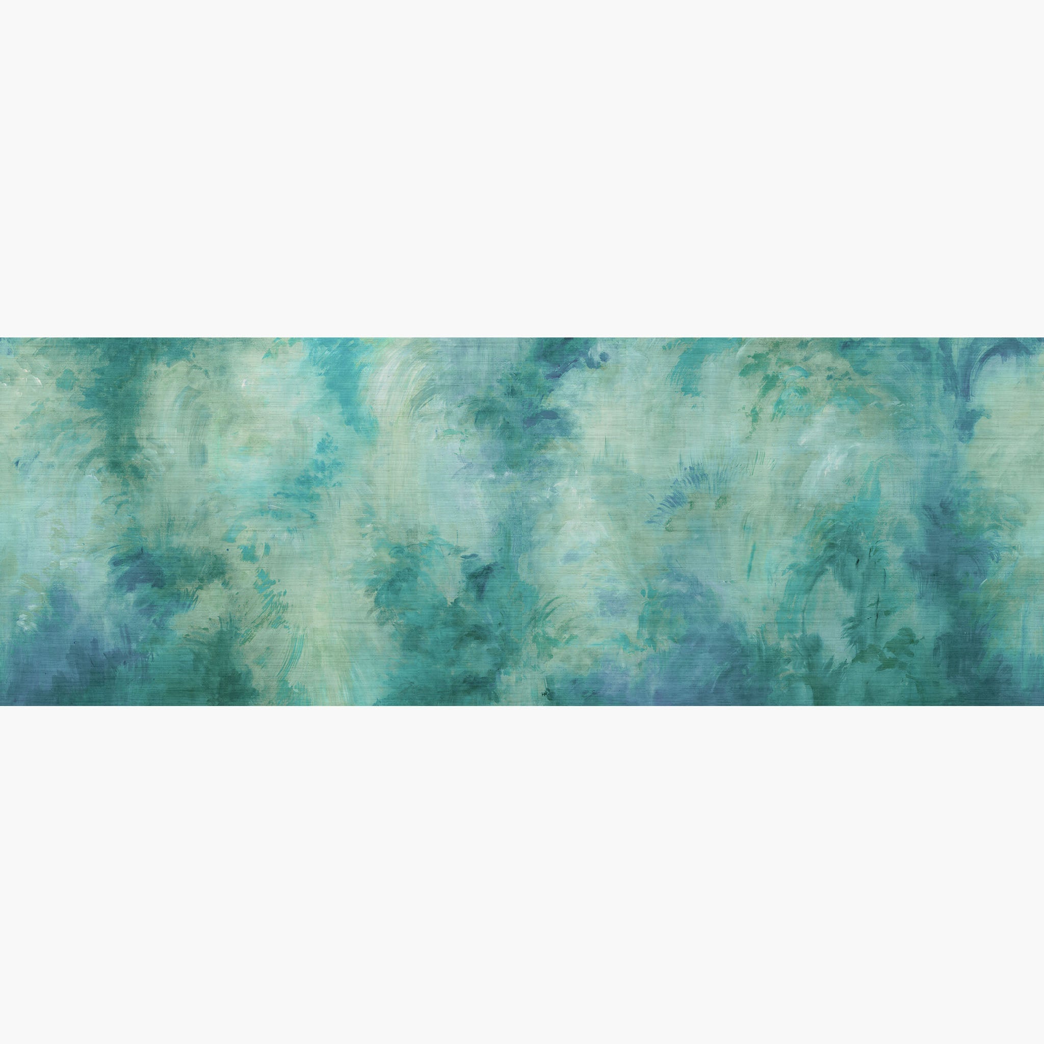 Artwork of a panoramic wallpaper mural featuring an atmospheric forest wash in aqua, jade, and deep sea green.