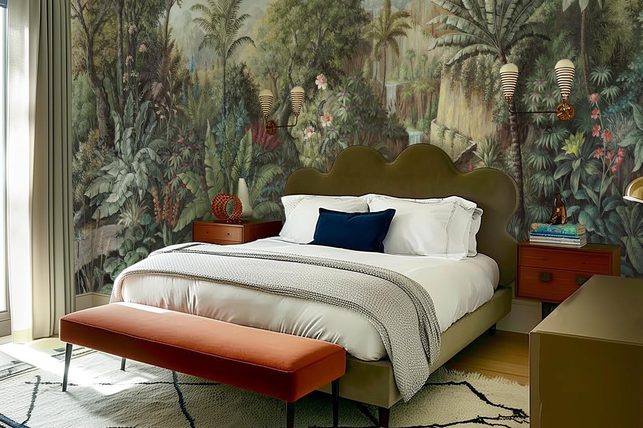 An interior bedroom featuring a panoramic vinyl wallpaper mural of a tropical scene in green and pink.