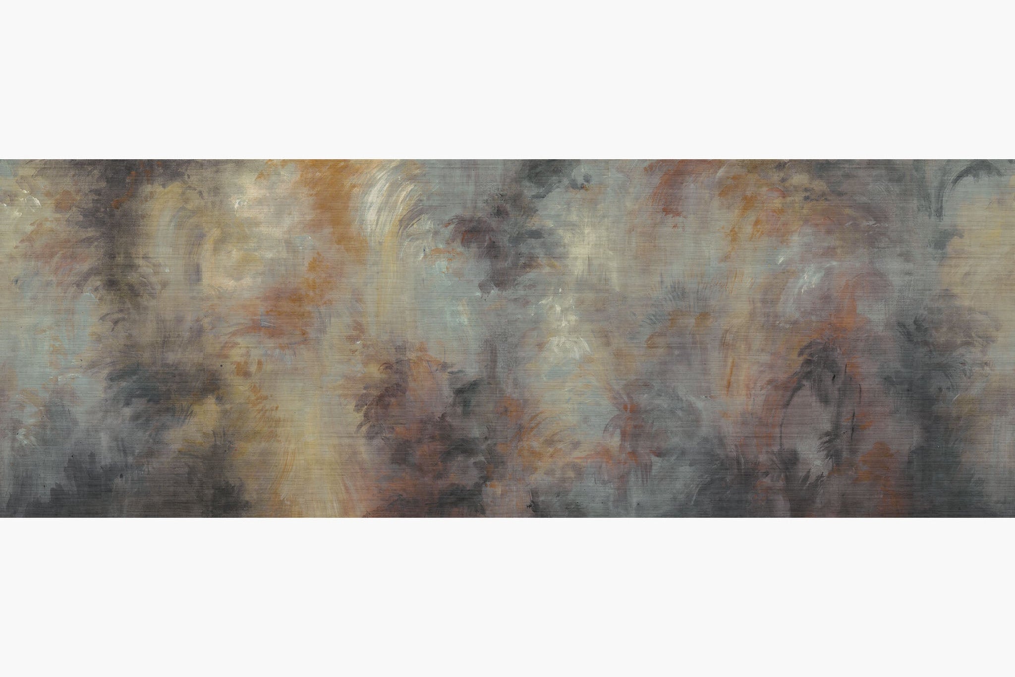 Artwork of a panoramic wallpaper mural featuring a smoky forest abstraction in charcoal, burnt sienna, and golden ash.