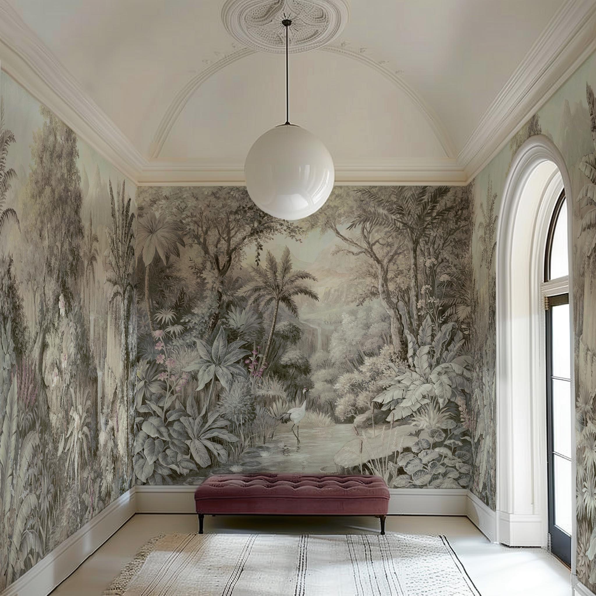 An interior sitting area featuring a panoramic vinyl wallpaper mural of a jungle vista in sepia and blush.