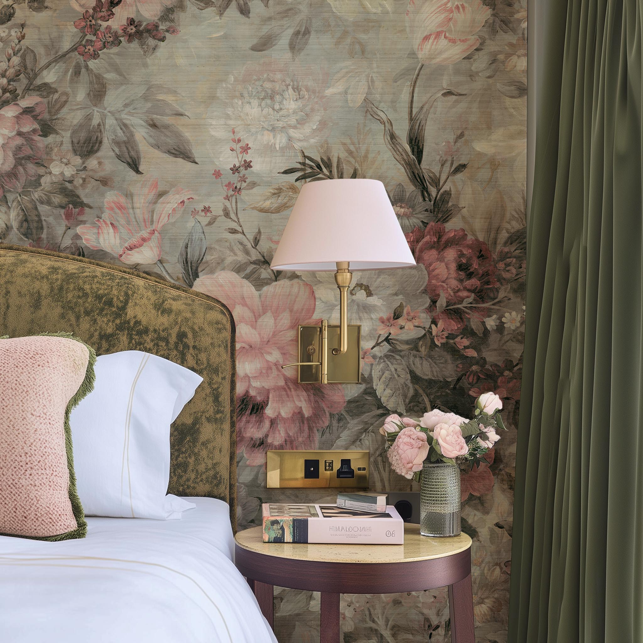 A cropped view of bedroom featuring a panoramic grasscloth wallpaper mural of a floral composition in soft neutrals.