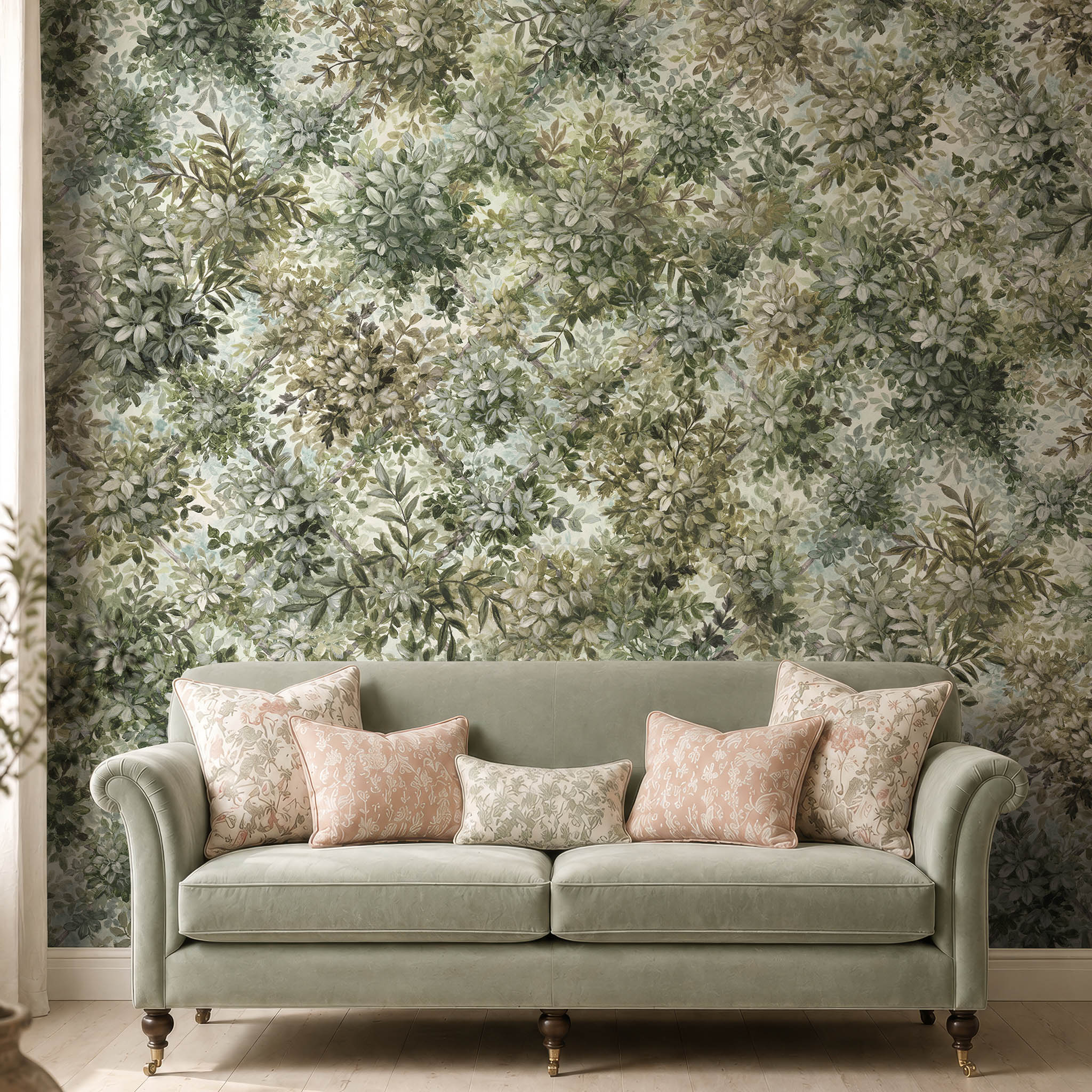 A cropped view of a living room featuring a panoramic pearlescent wallpaper mural of calm mural in chamomile, sage, olive and cream tones.