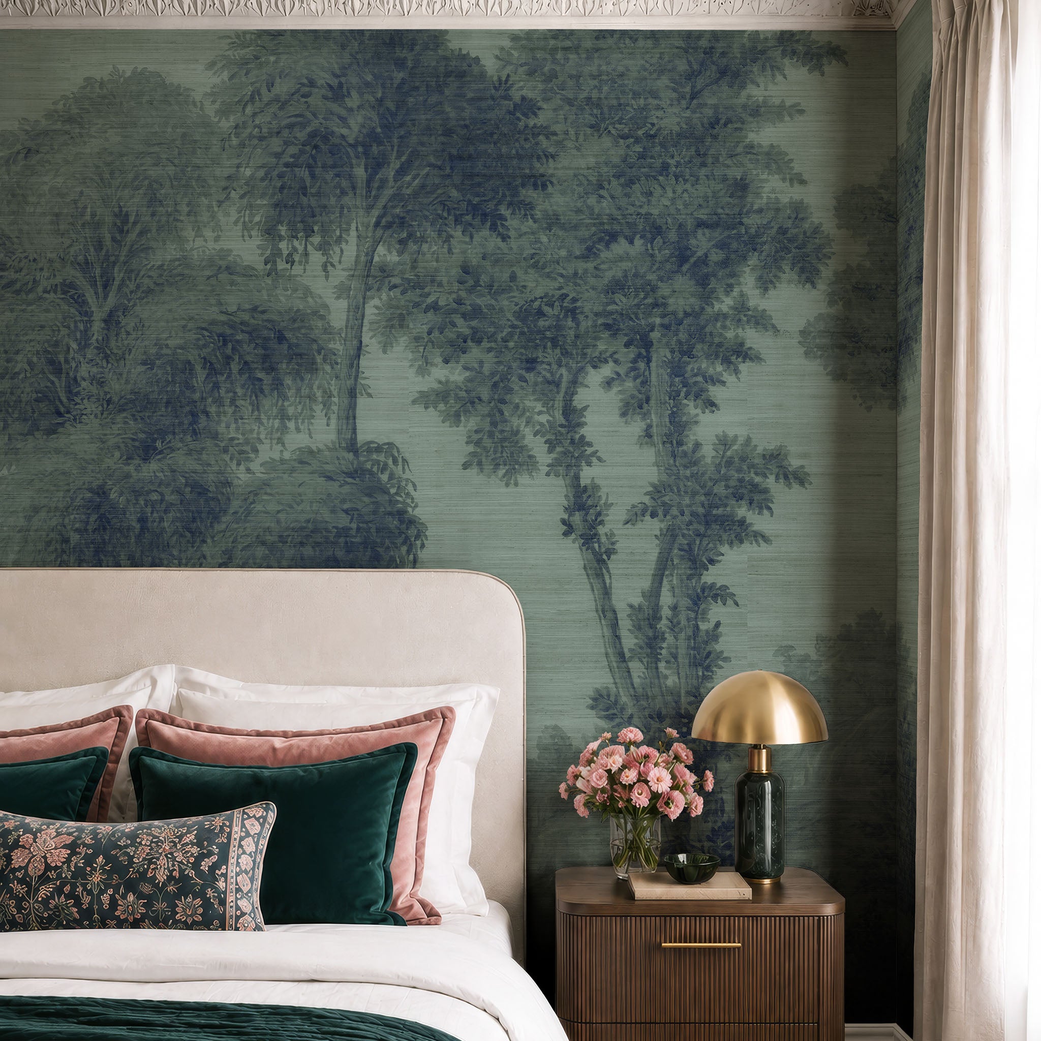 A cropped view of a bedroom featuring a panoramic grasscloth wallpaper mural of deep woodland