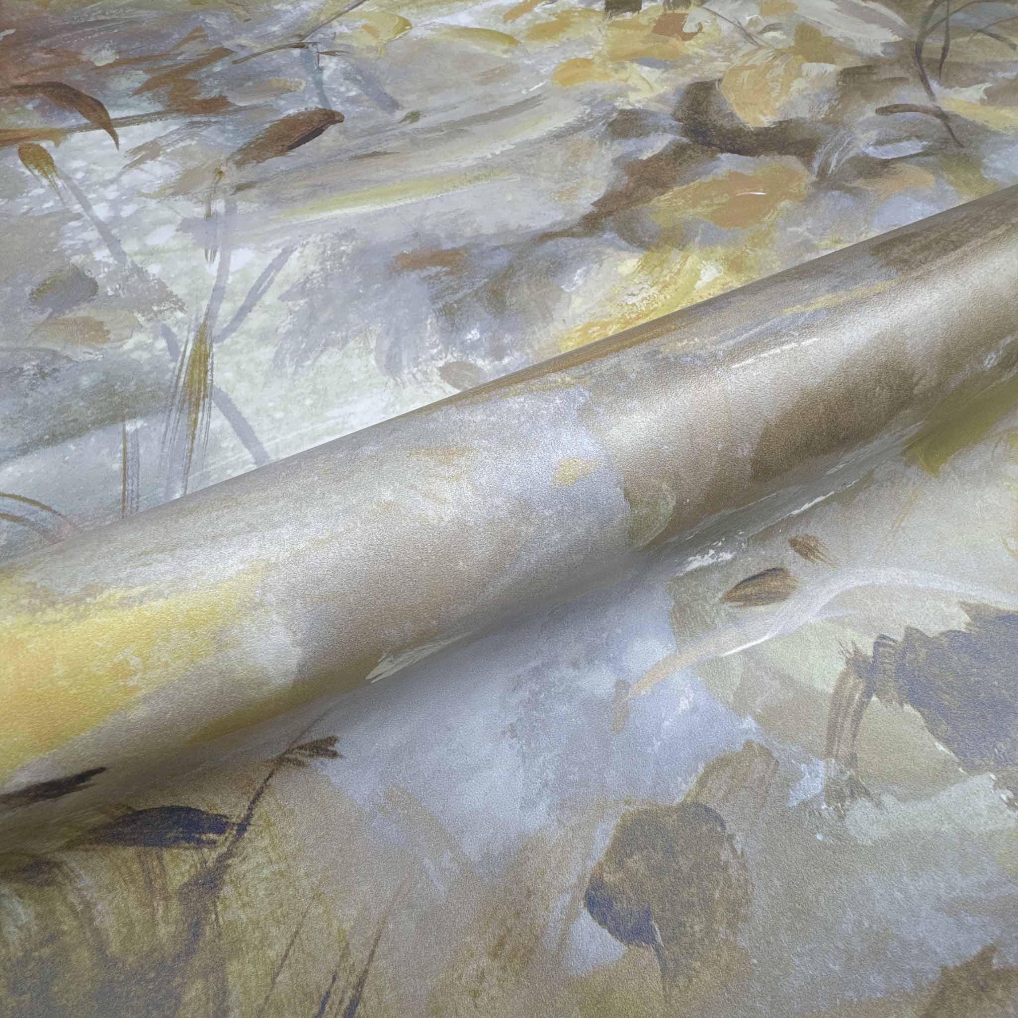 Close-up of a hand-painted panoramic wallpaper mural featuring soft opal, gold, and lavender tones on washable vinyl.