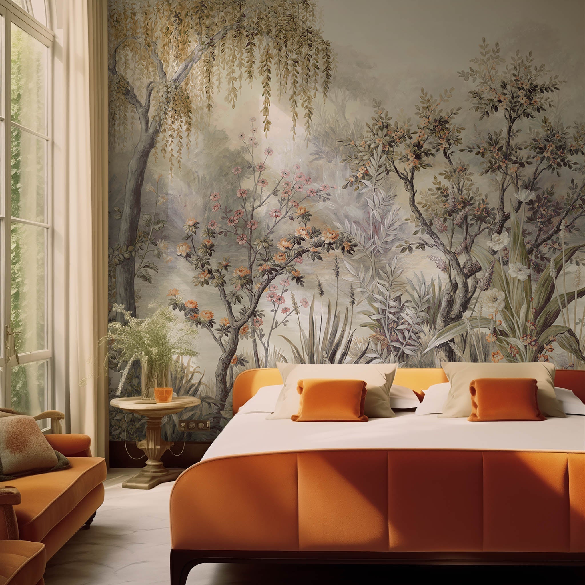 An interior bedroom featuring a panoramic matte wallpaper mural of a lakeside scene in grey and peach.